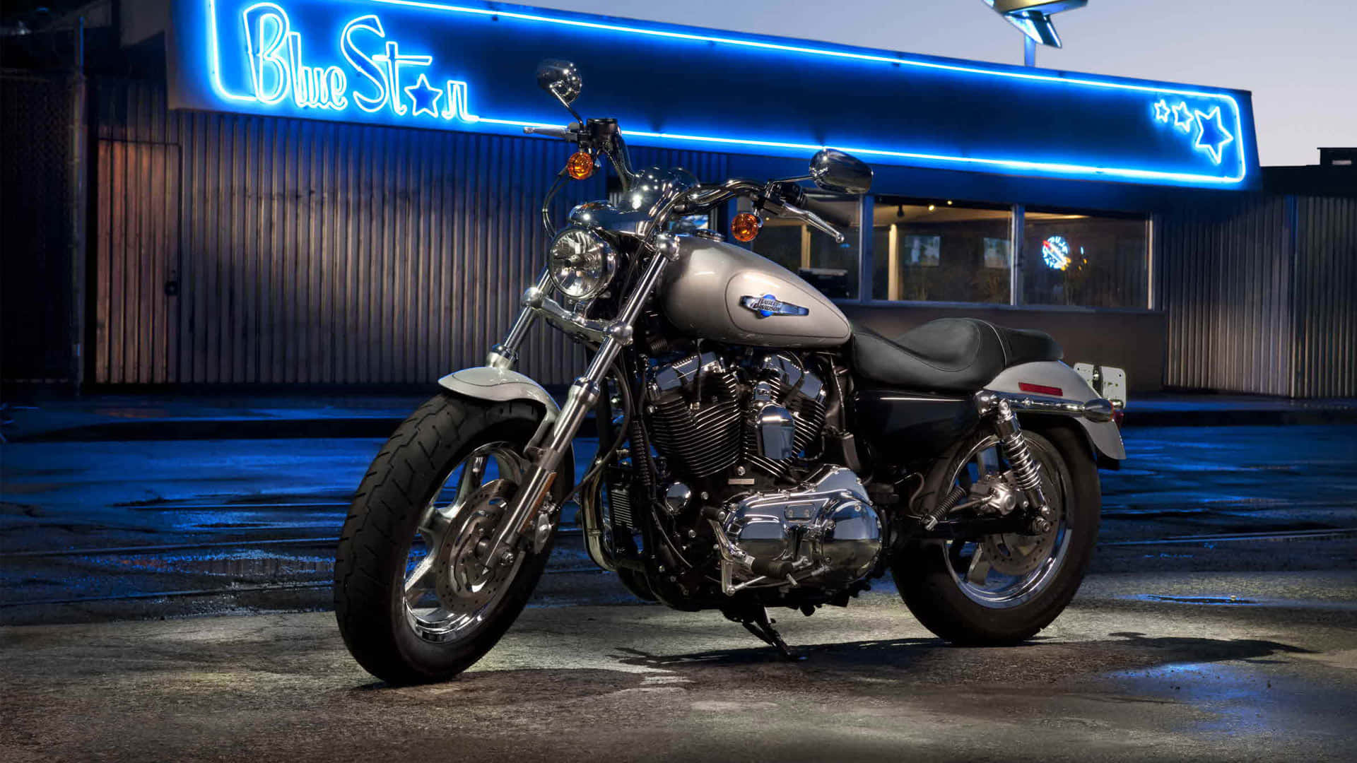 Harley Davidson HD, chrome motorcycle, vibrant blue neon sign, Full HD Desktop Wallpaper