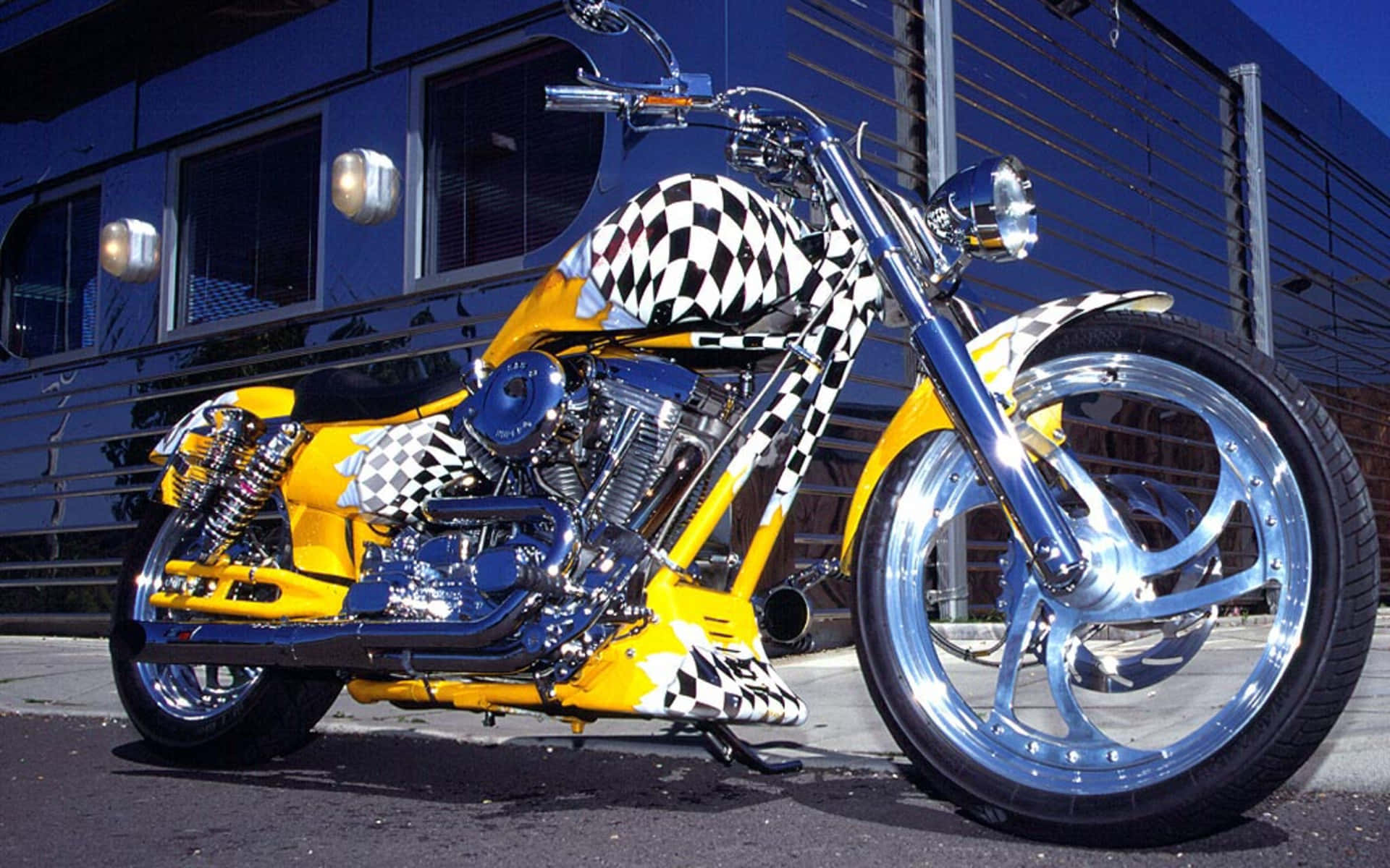 Harley Davidson HD, yellow and black checkered chopper, chrome accents, Full HD Desktop Wallpaper