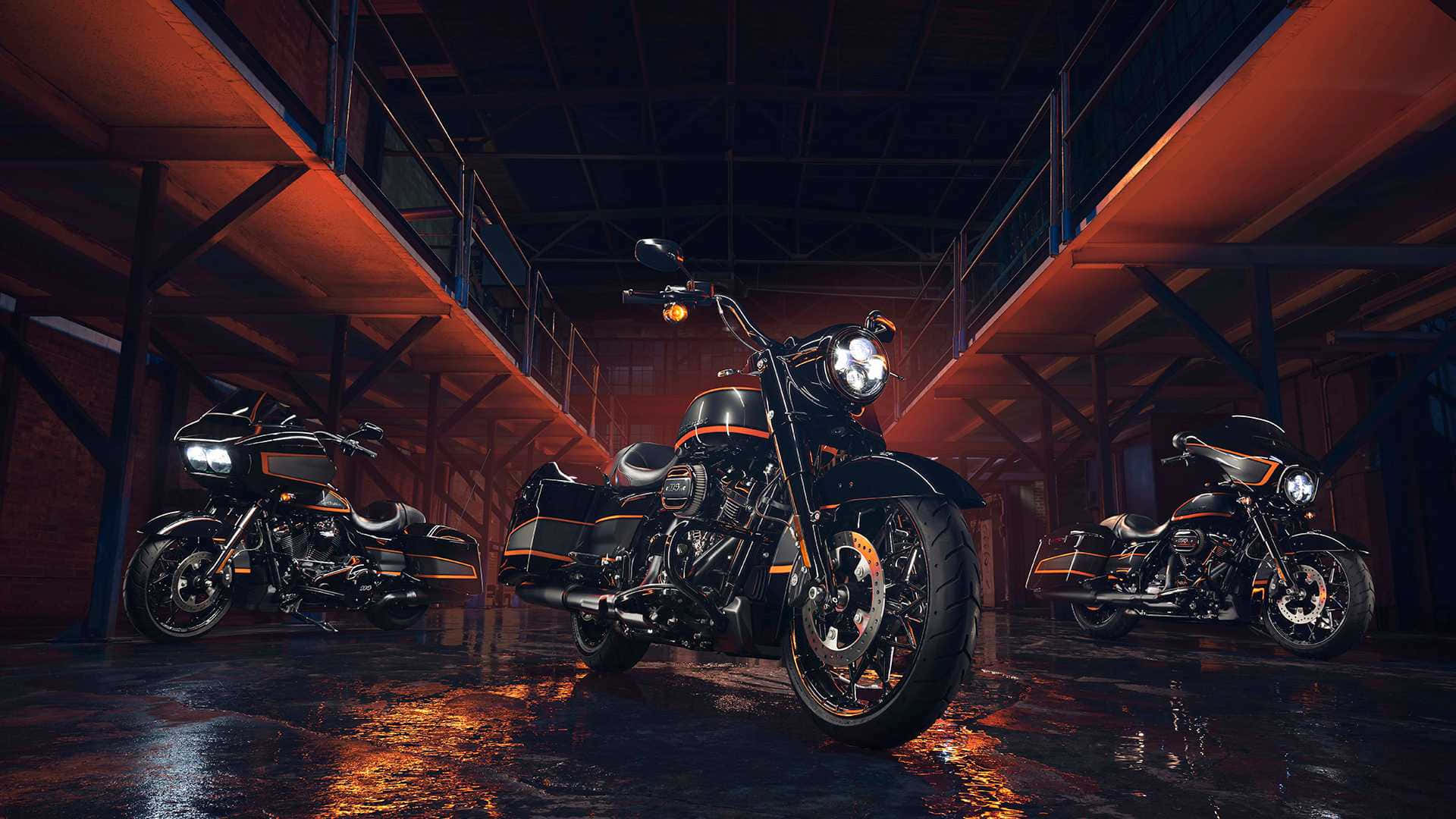 Harley Davidson HD, black motorcycles, orange accents, Full HD Desktop Wallpaper