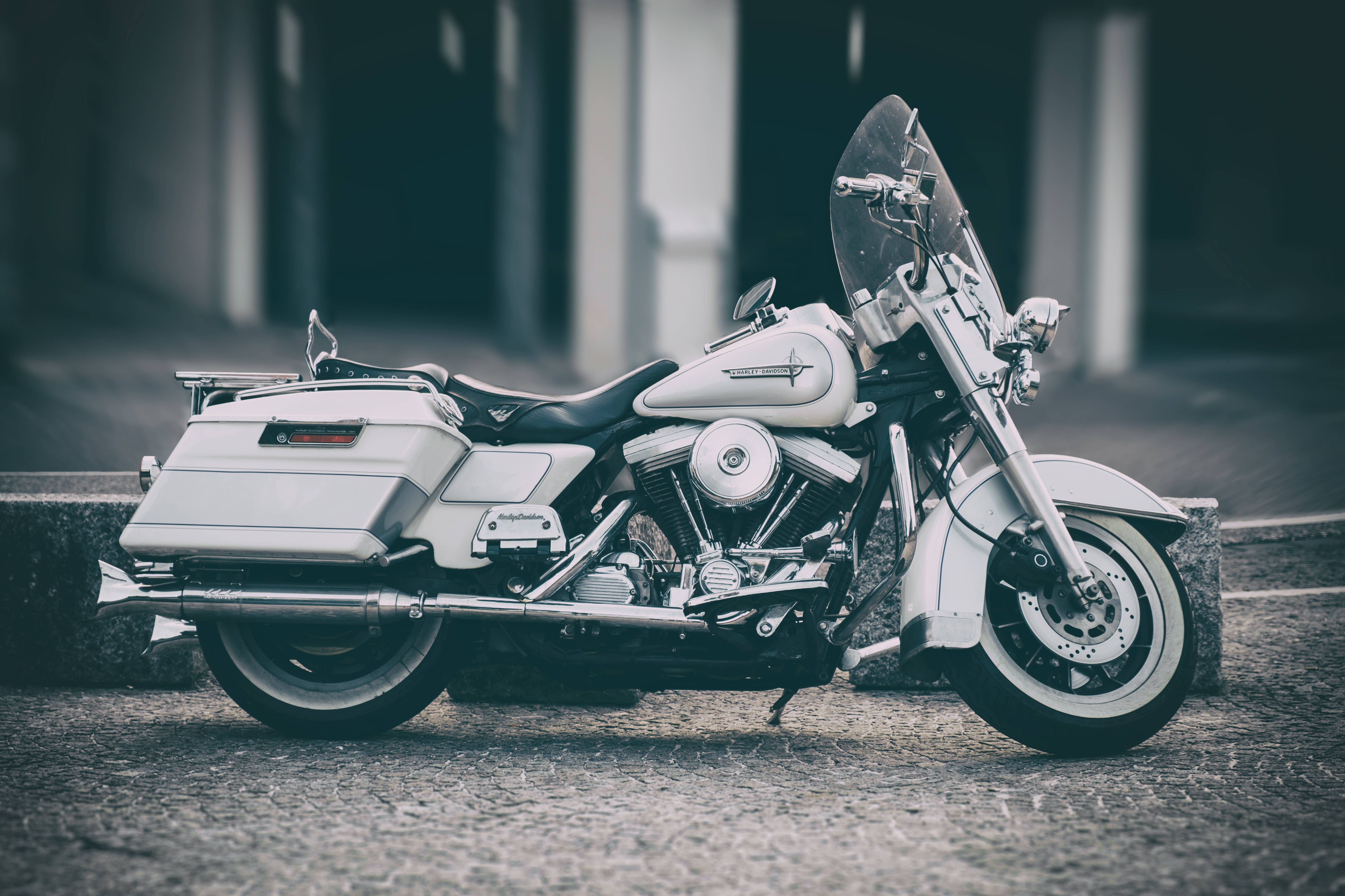White Harley Davidson, cruiser motorcycle, chrome accents, 5K Desktop Wallpaper