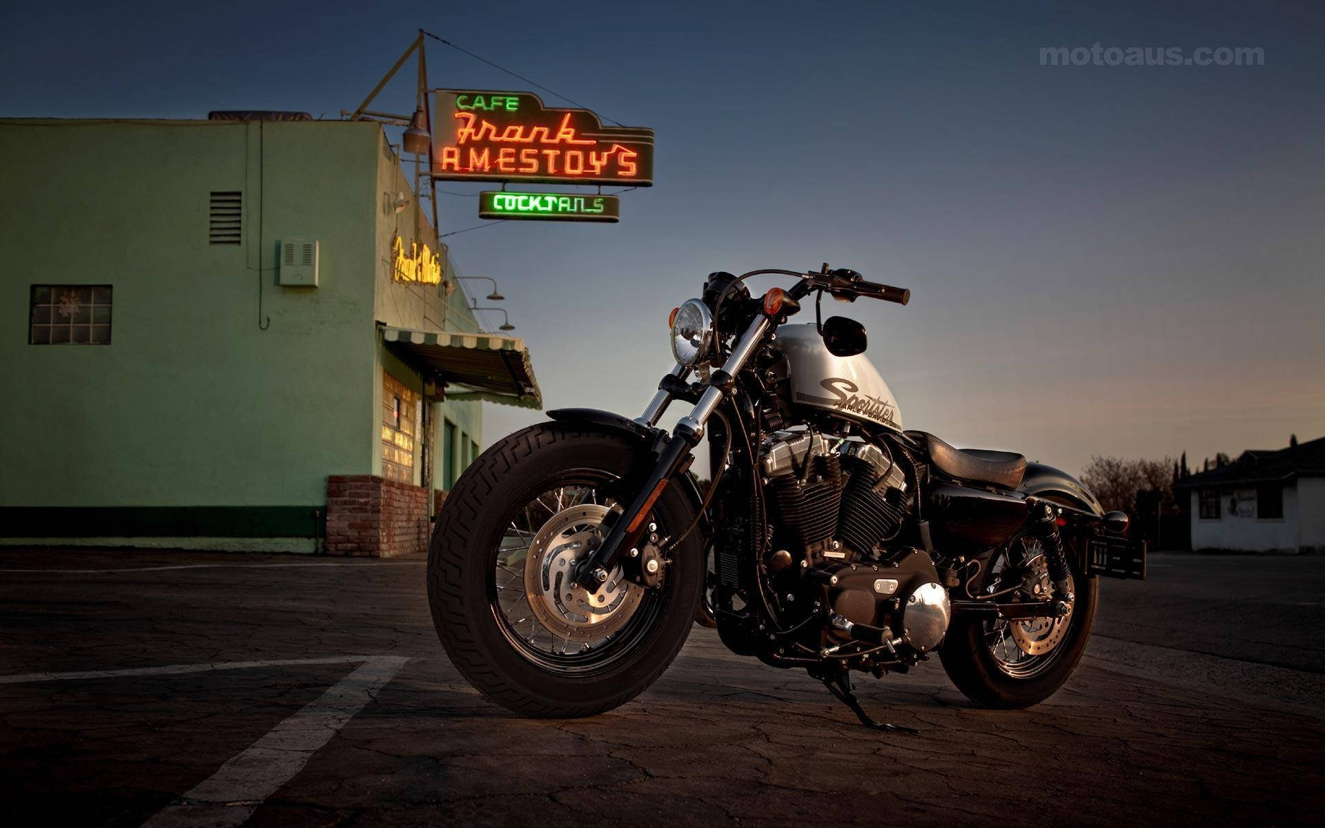 Harley Davidson, neon-lit cafe, twilight, Full HD Desktop Wallpaper