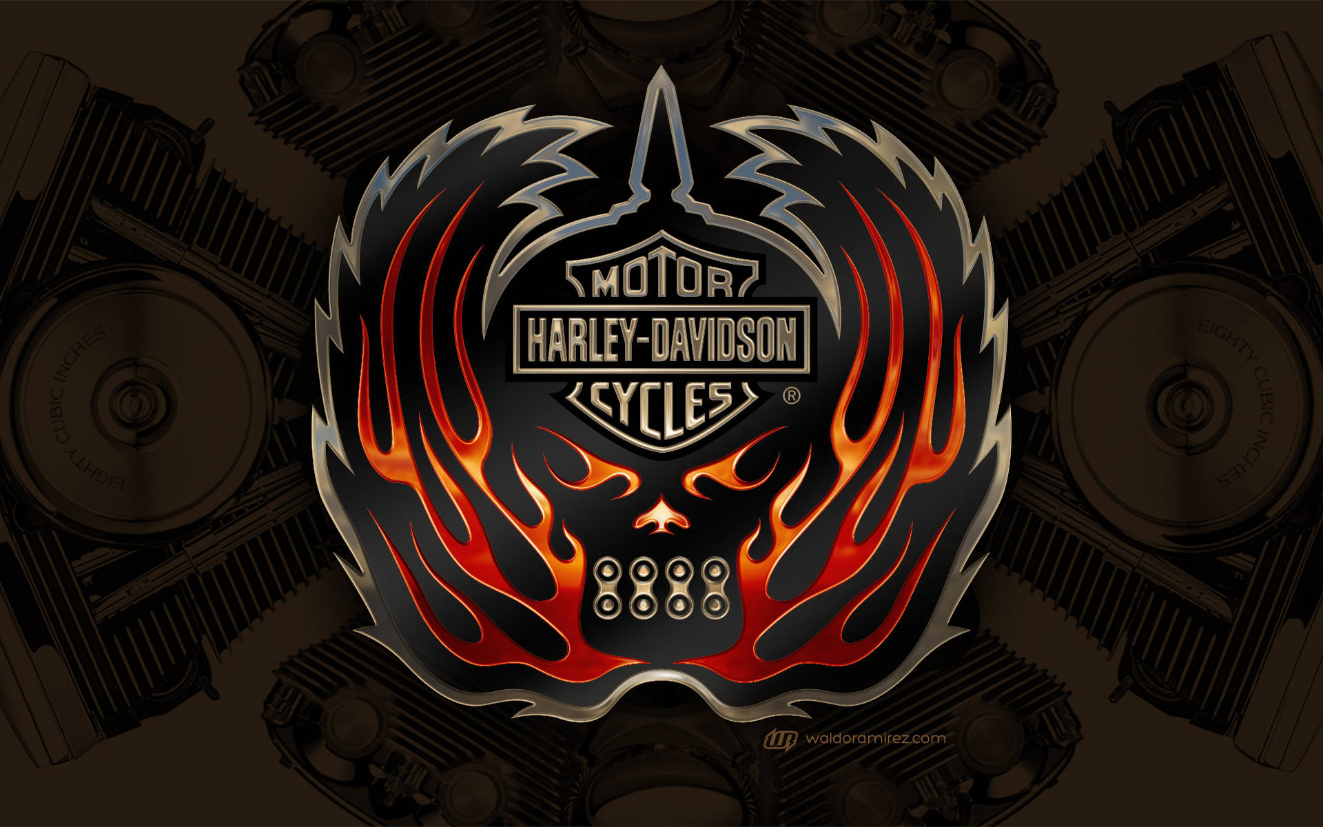 Harley Davidson Logo, fiery flames, skull design, Full HD Desktop Wallpaper