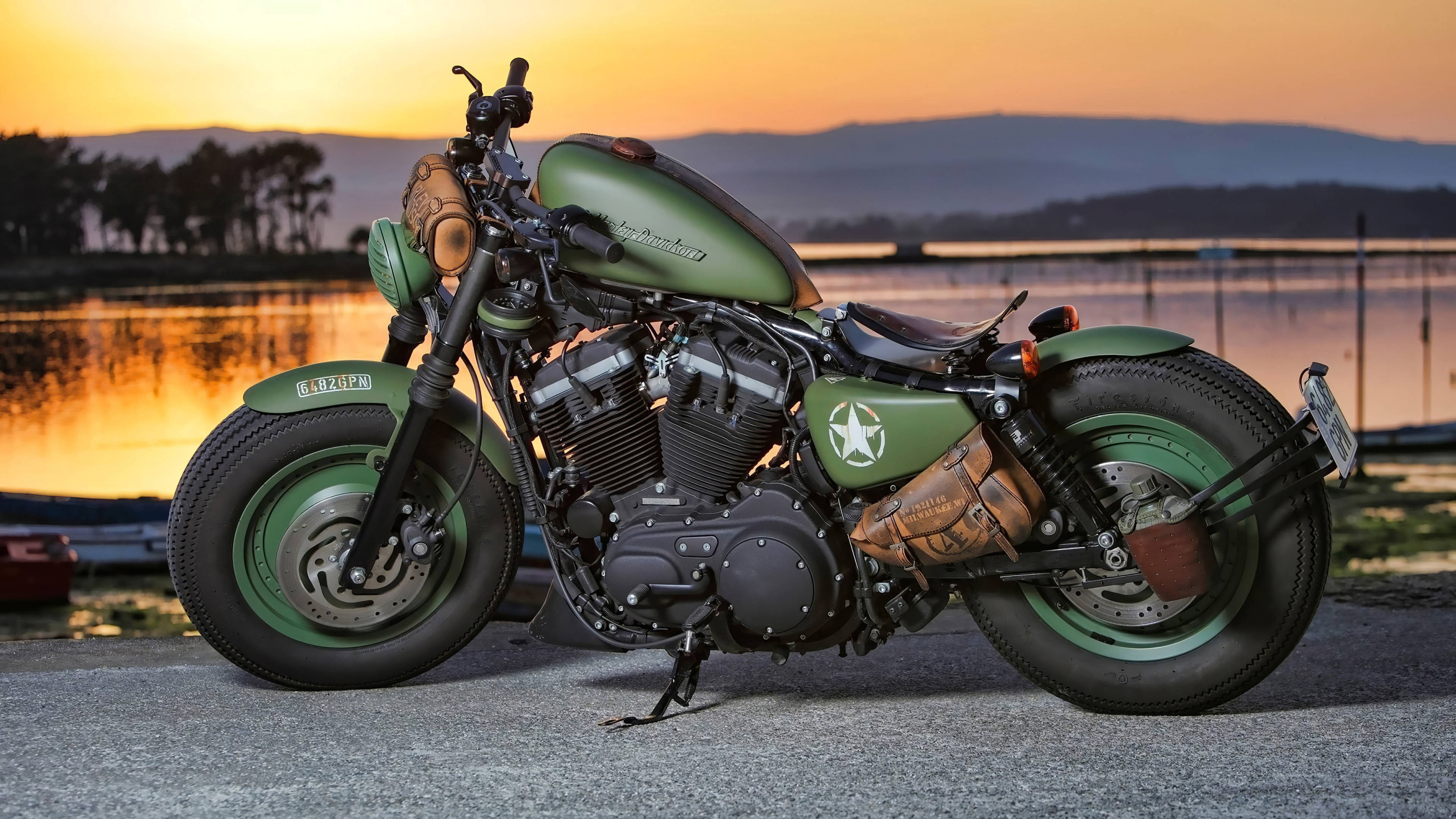 Harley Davidson Logo, matte olive green, custom motorcycle, 4K Desktop Wallpaper