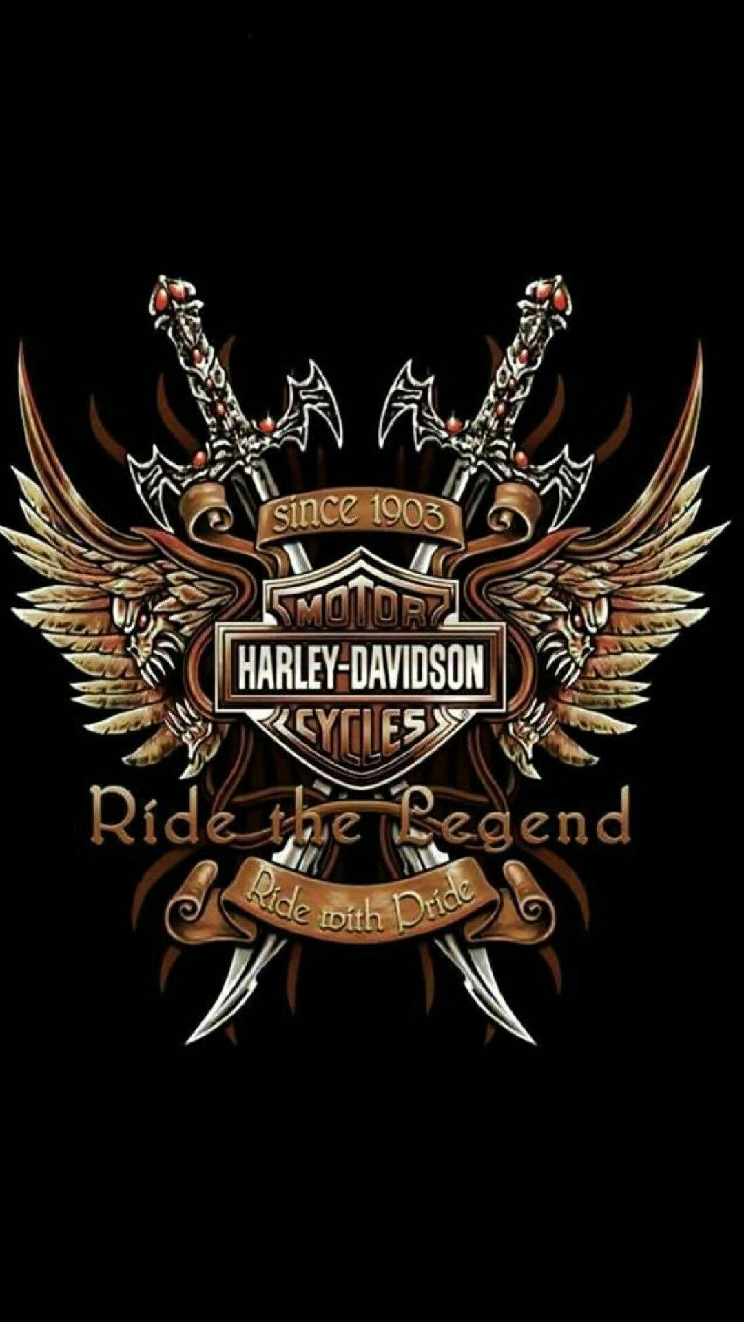Harley Davidson Logo, crossed swords, wings, Full HD Phone Wallpaper