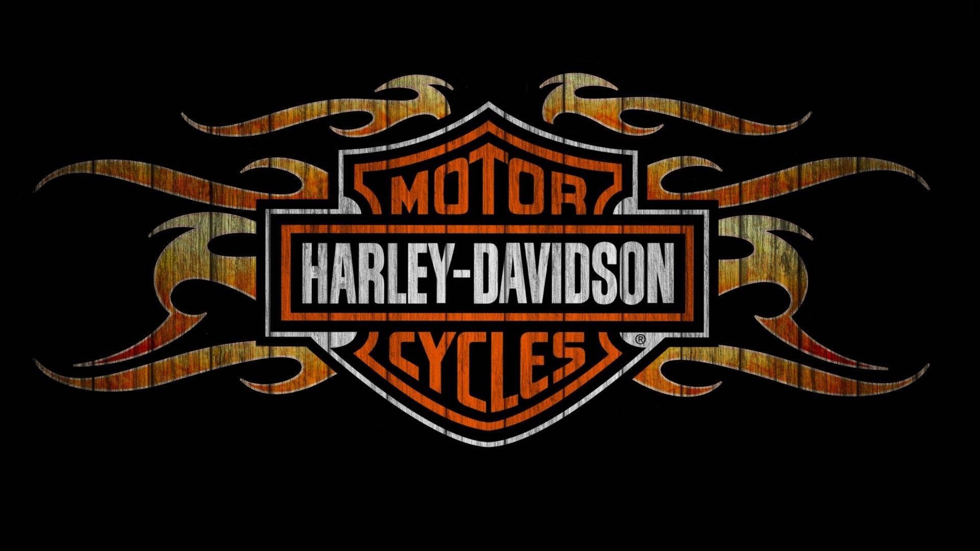 Harley Davidson Logo, fiery orange flame designs, black background, Full HD Desktop Wallpaper