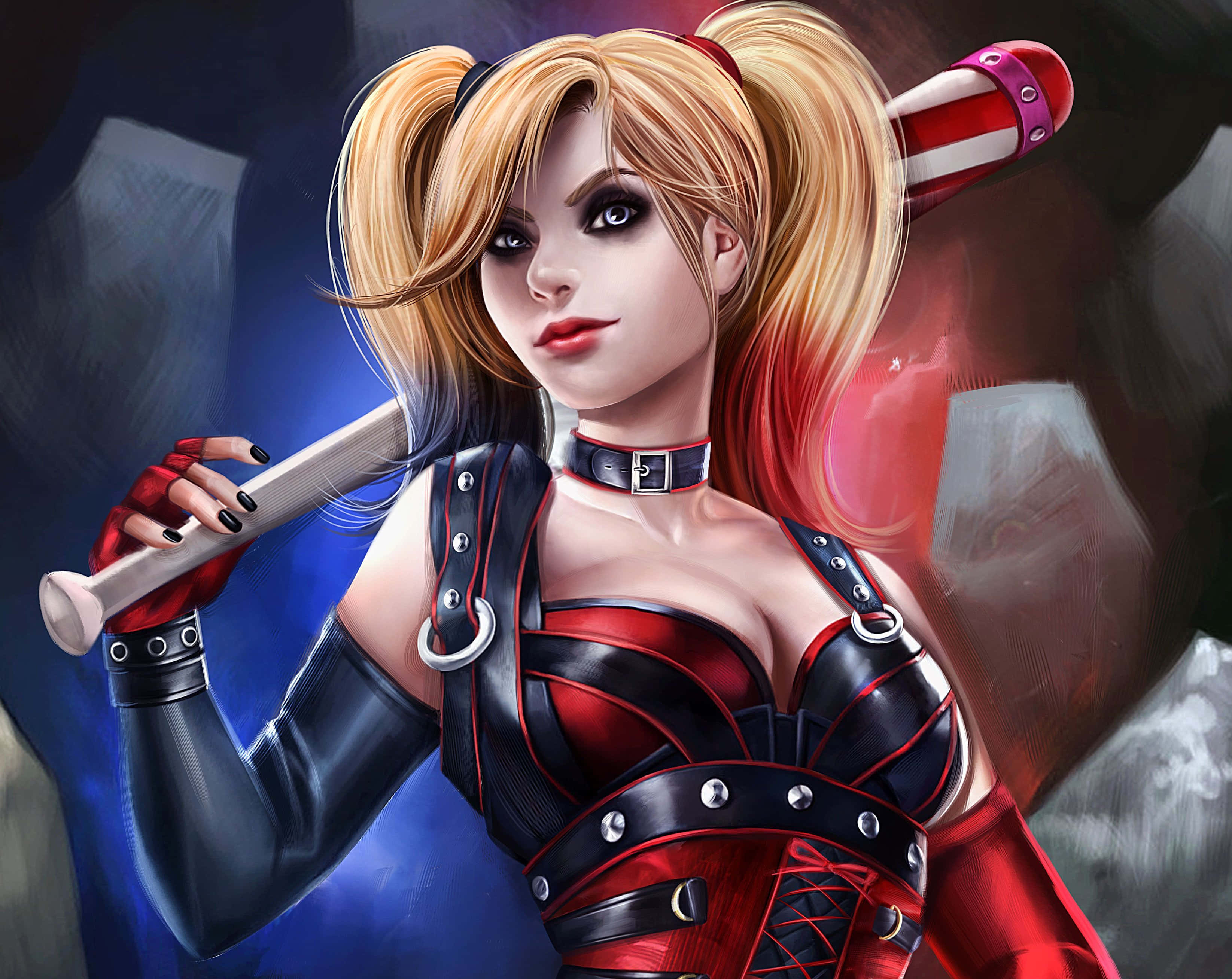 Harley Quinn, blonde pigtails, baseball bat, 2K Desktop Wallpaper