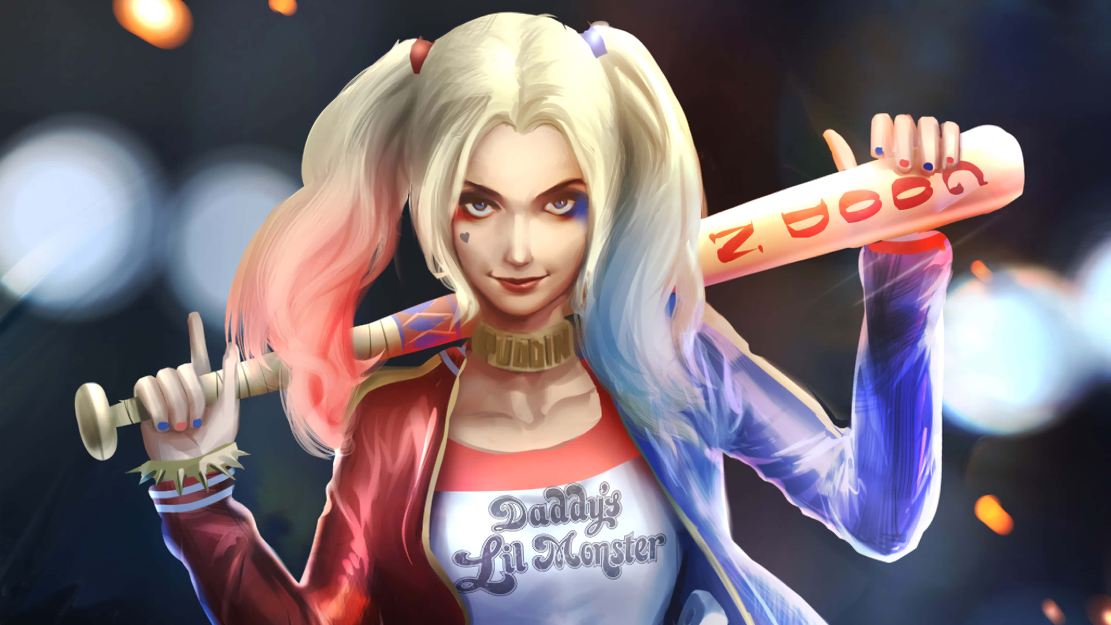Harley Quinn, baseball bat, bokeh background, 4K Desktop Wallpaper