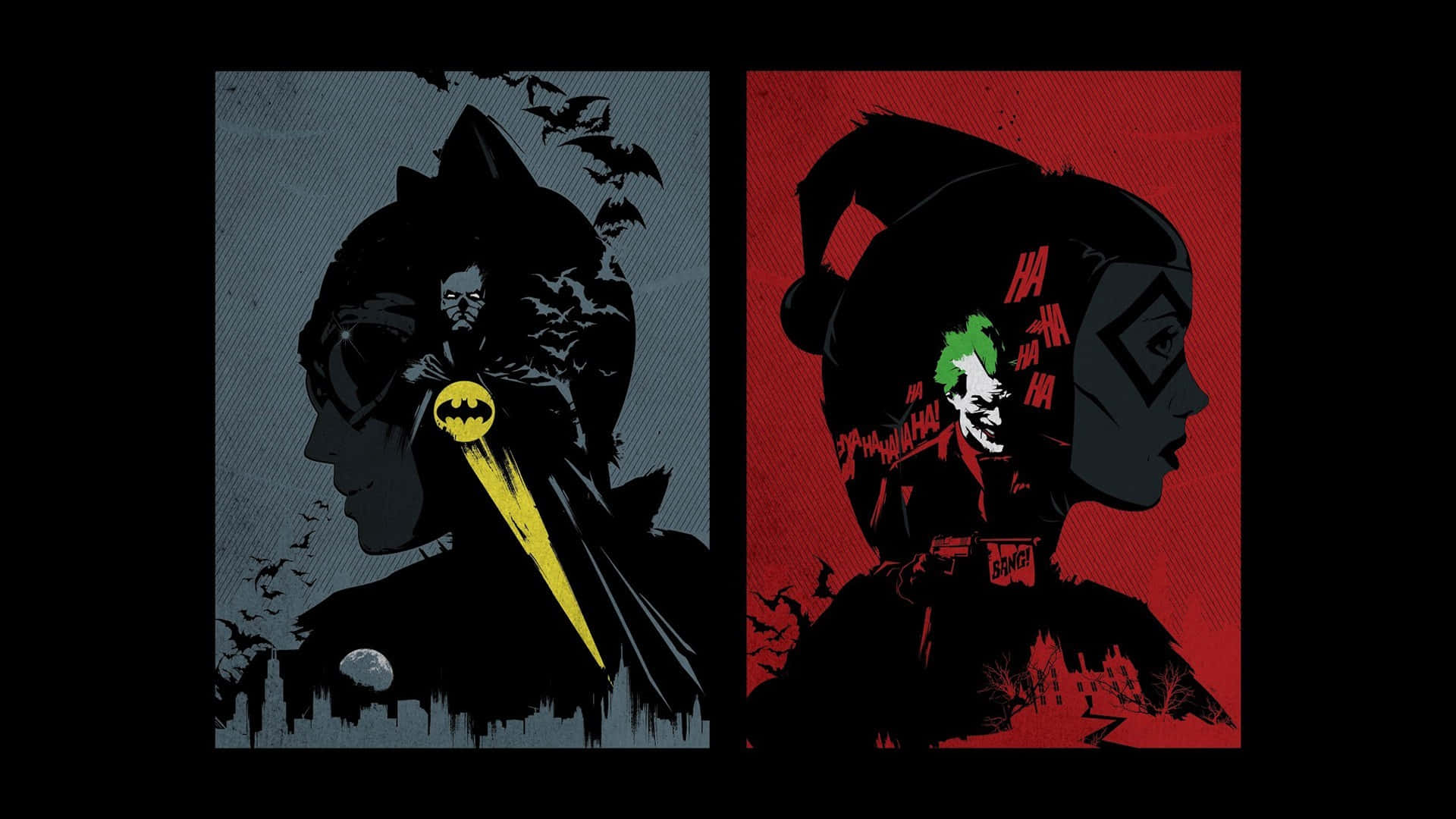 Batman, Harley Quinn, split portrait, Full HD Desktop Wallpaper