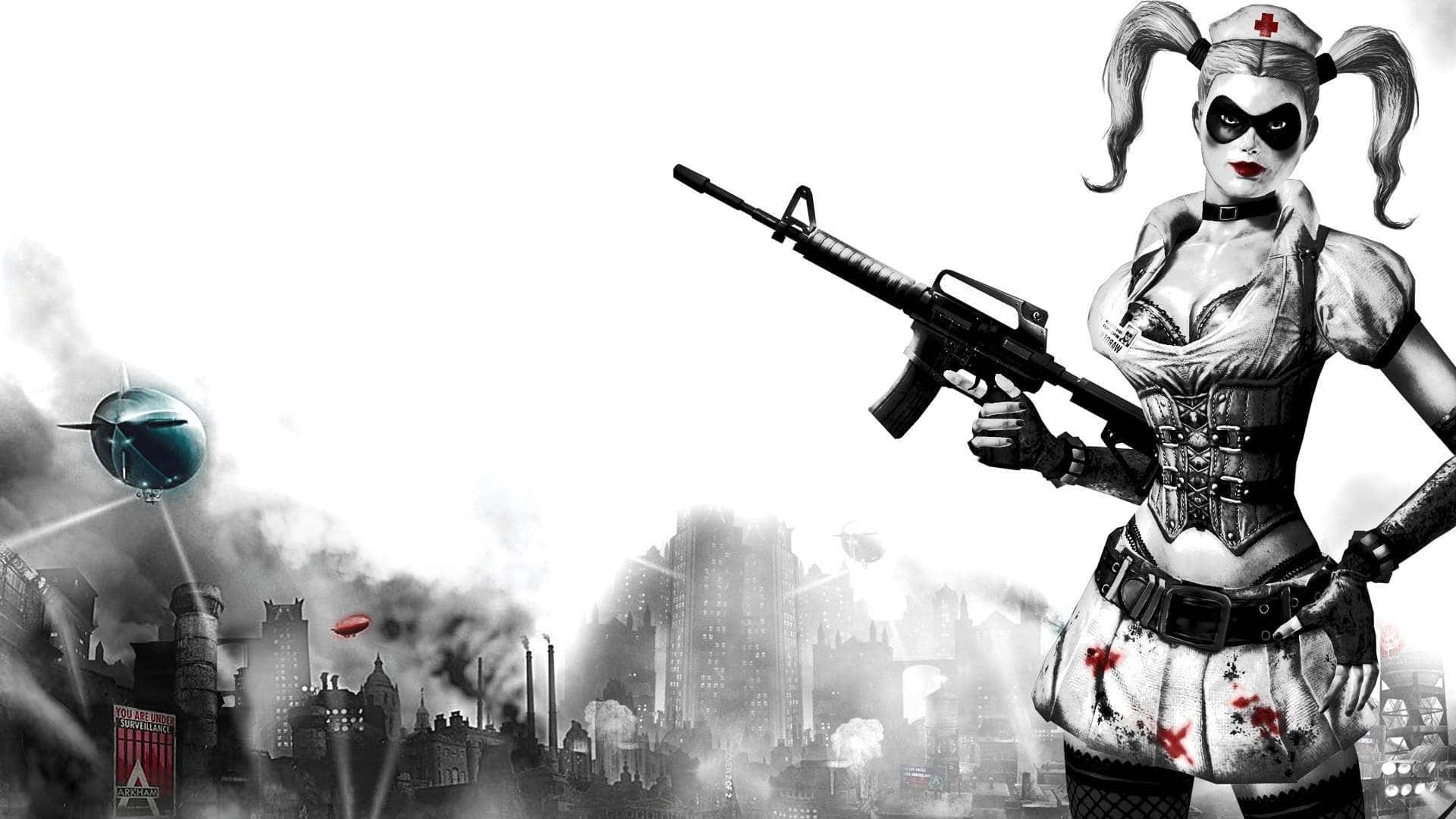 Harley Quinn, nurse outfit, rifle, Full HD Desktop Wallpaper