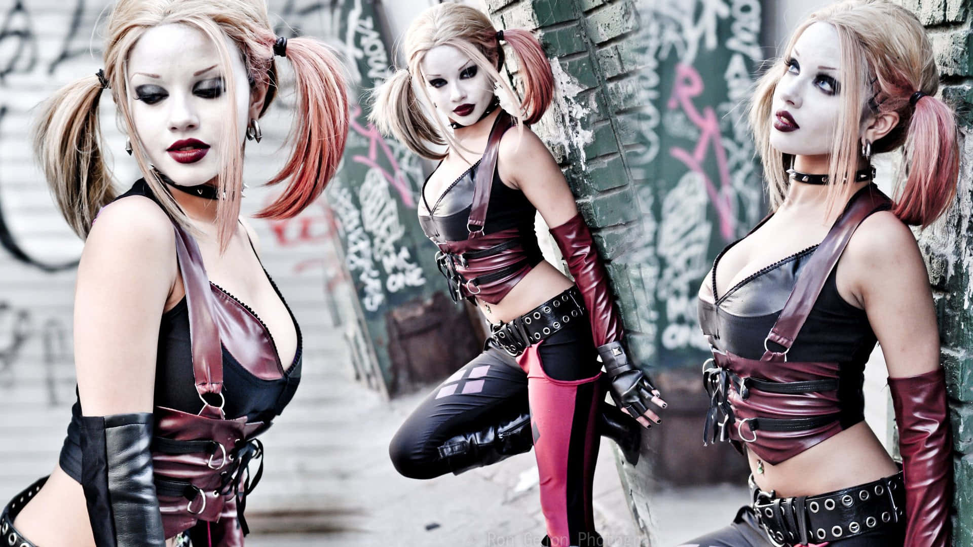 Harley Quinn, cosplay, triptych, Full HD Desktop Wallpaper