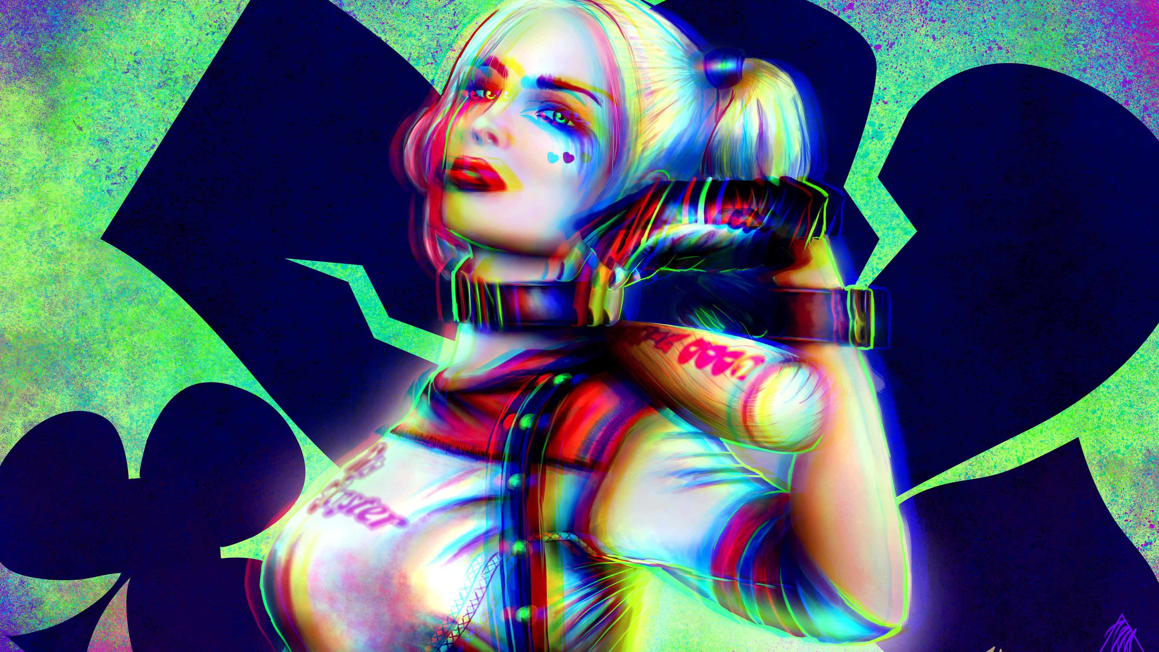 Harley Quinn, Joker, glitchy neon colors, 4K Desktop Wallpaper