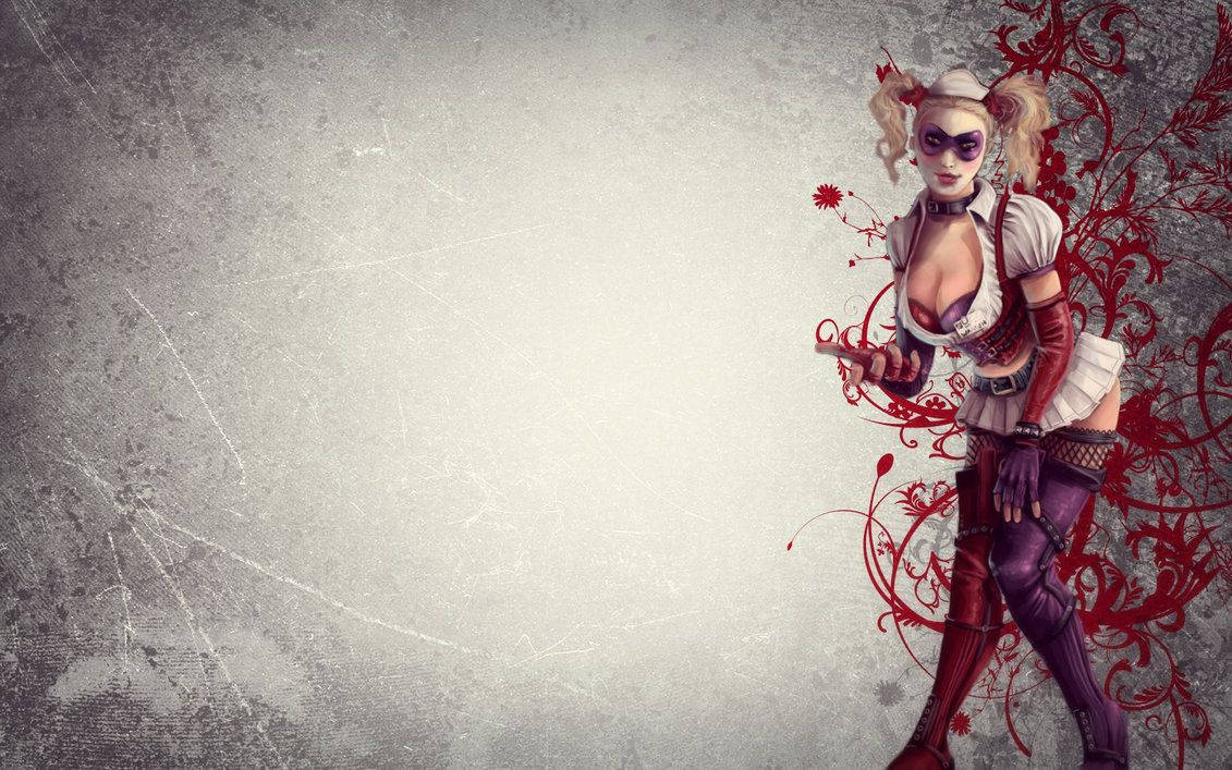 Harley Quinn, Joker, red floral swirls, SD Desktop Wallpaper