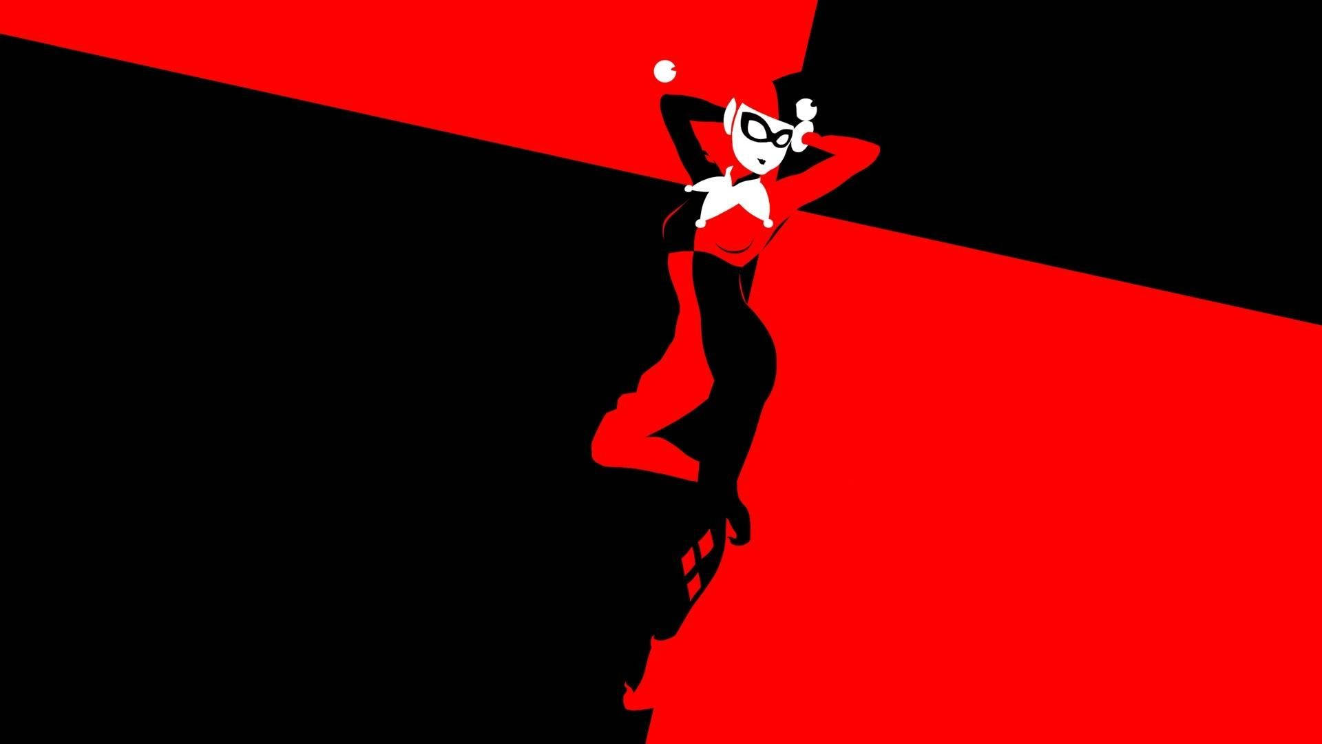 Harley Quinn, red and black split background, white silhouette, Full HD Desktop Wallpaper