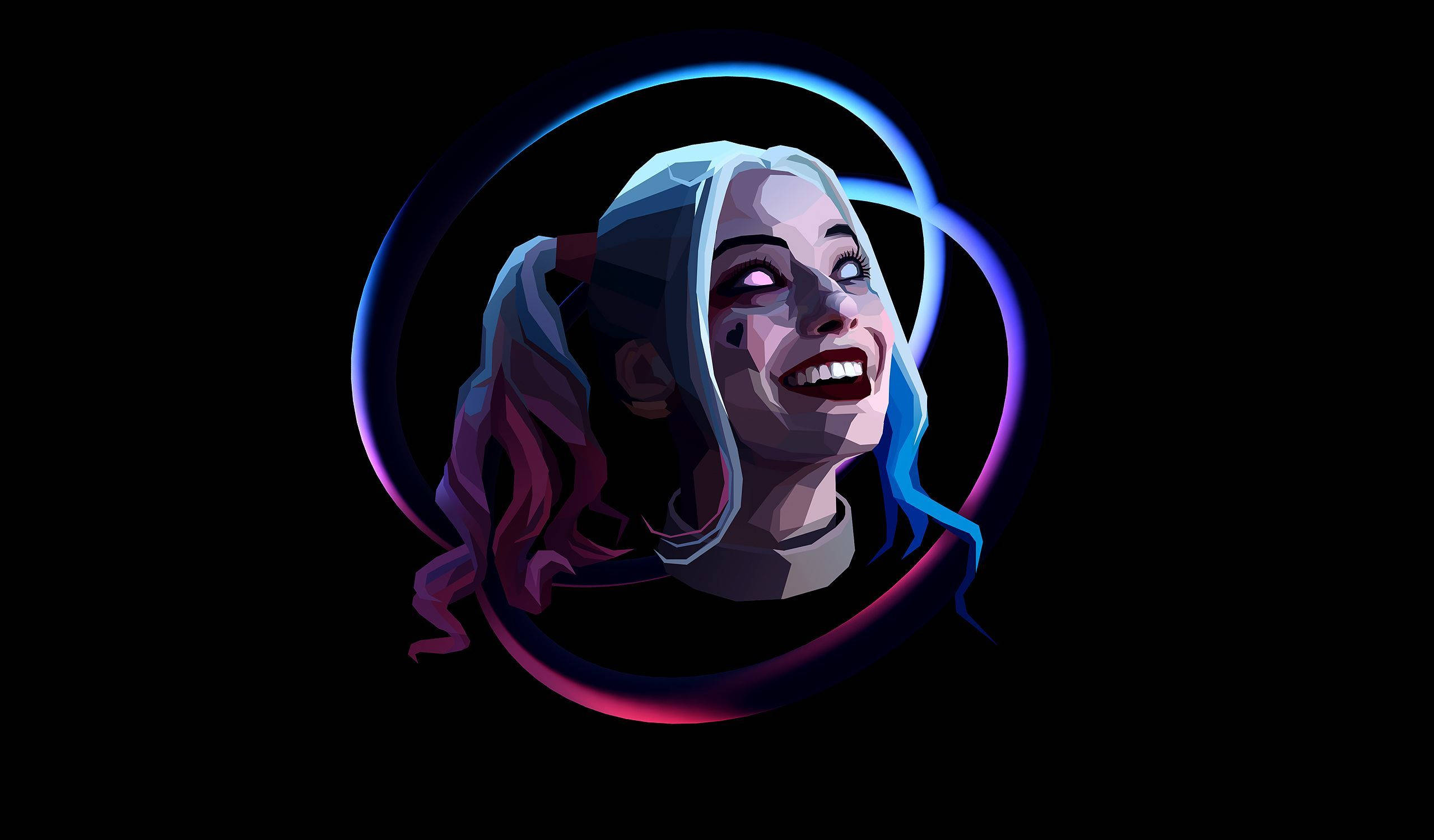 Harley Quinn, pink and blue hair, glowing eyes, 2K Desktop Wallpaper