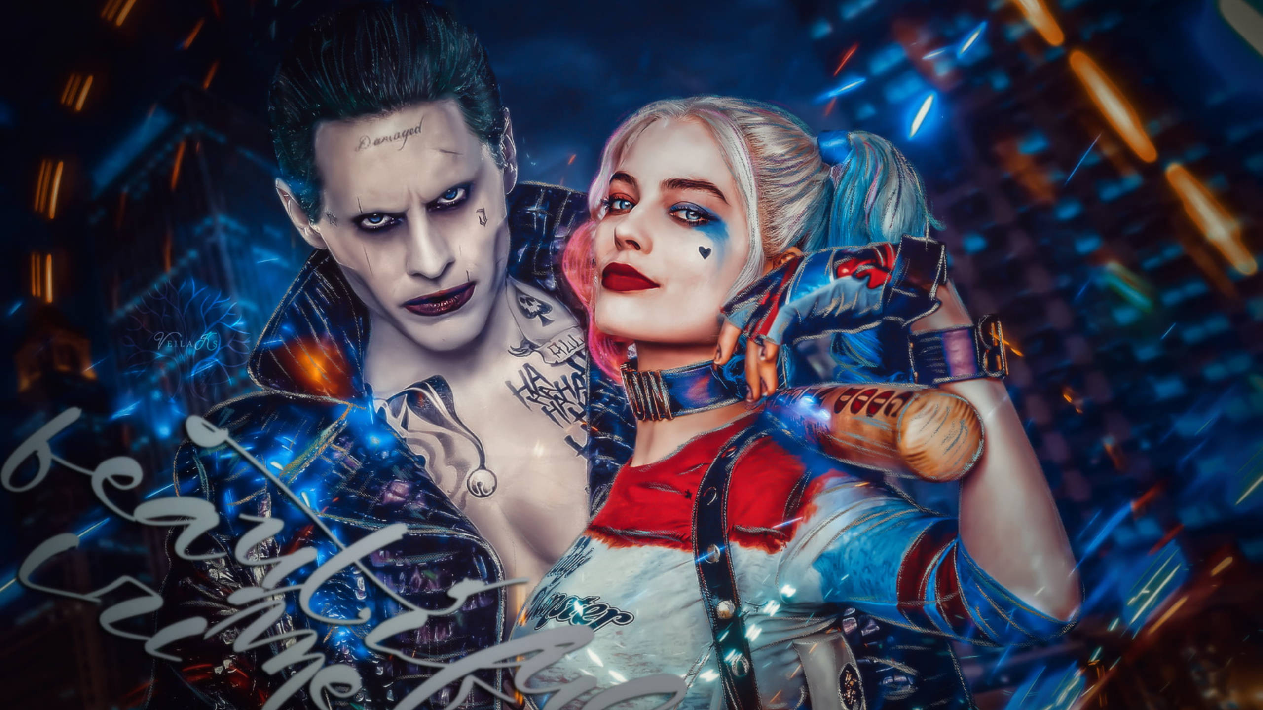 Joker, Harley Quinn, neon-lit urban scene, 2K Desktop Wallpaper