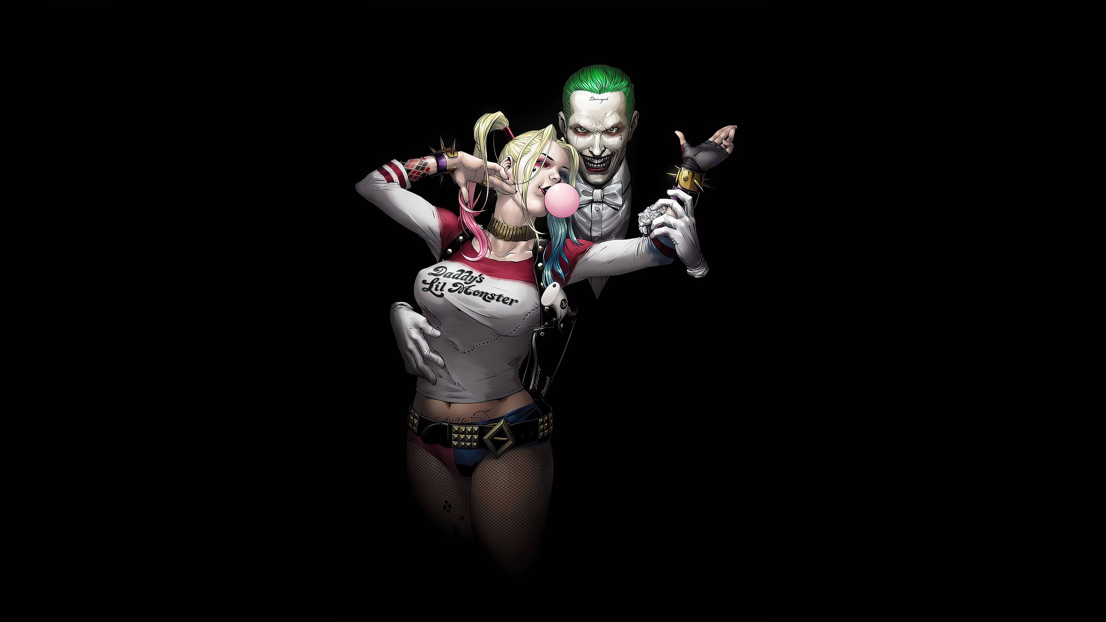 Harley Quinn, Joker, pink bubblegum bubble, 4K Desktop Wallpaper