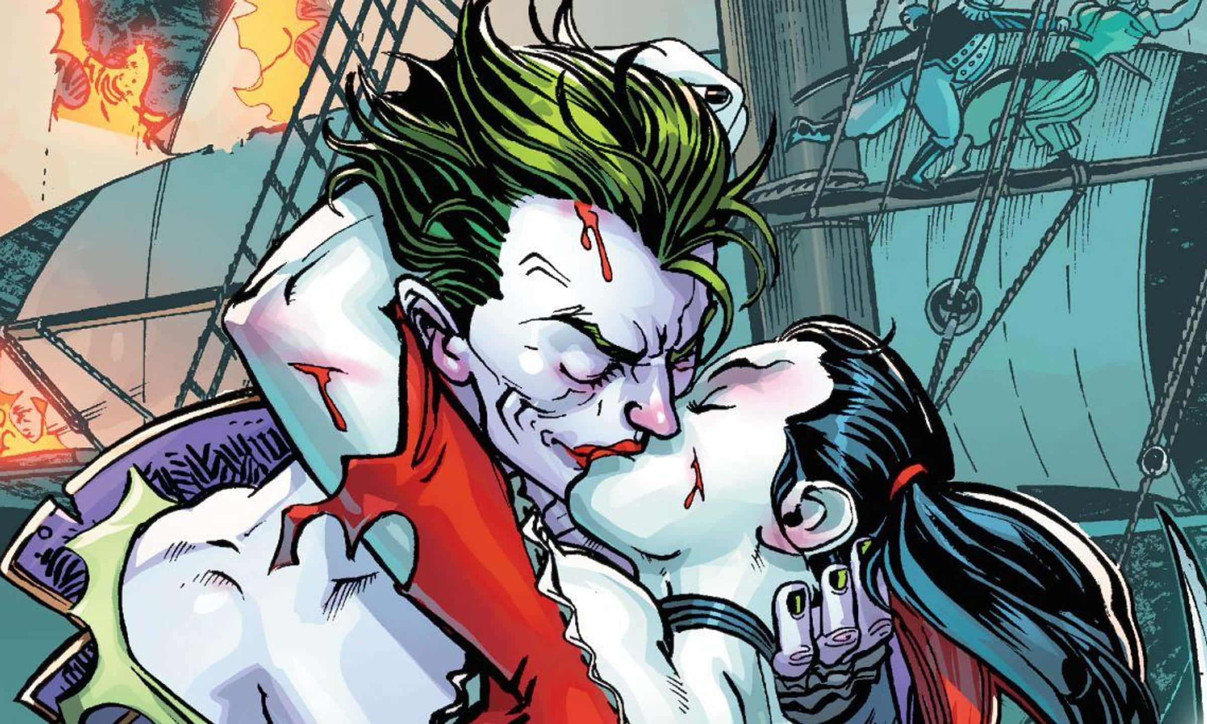 Harley Quinn, Joker, burning ship, Full HD Desktop Wallpaper