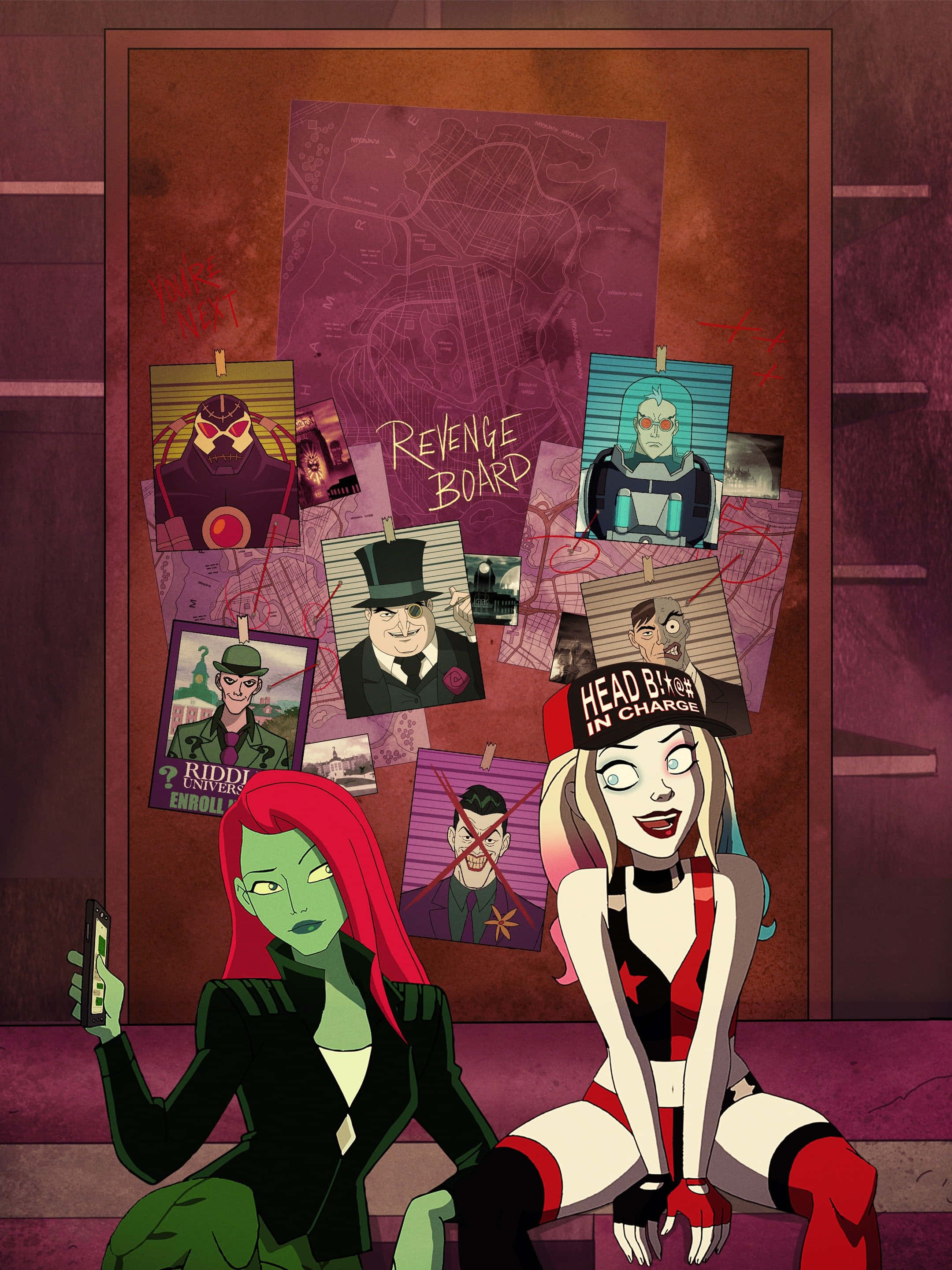 Harley Quinn, Poison Ivy, purple revenge board, 2K Phone Wallpaper