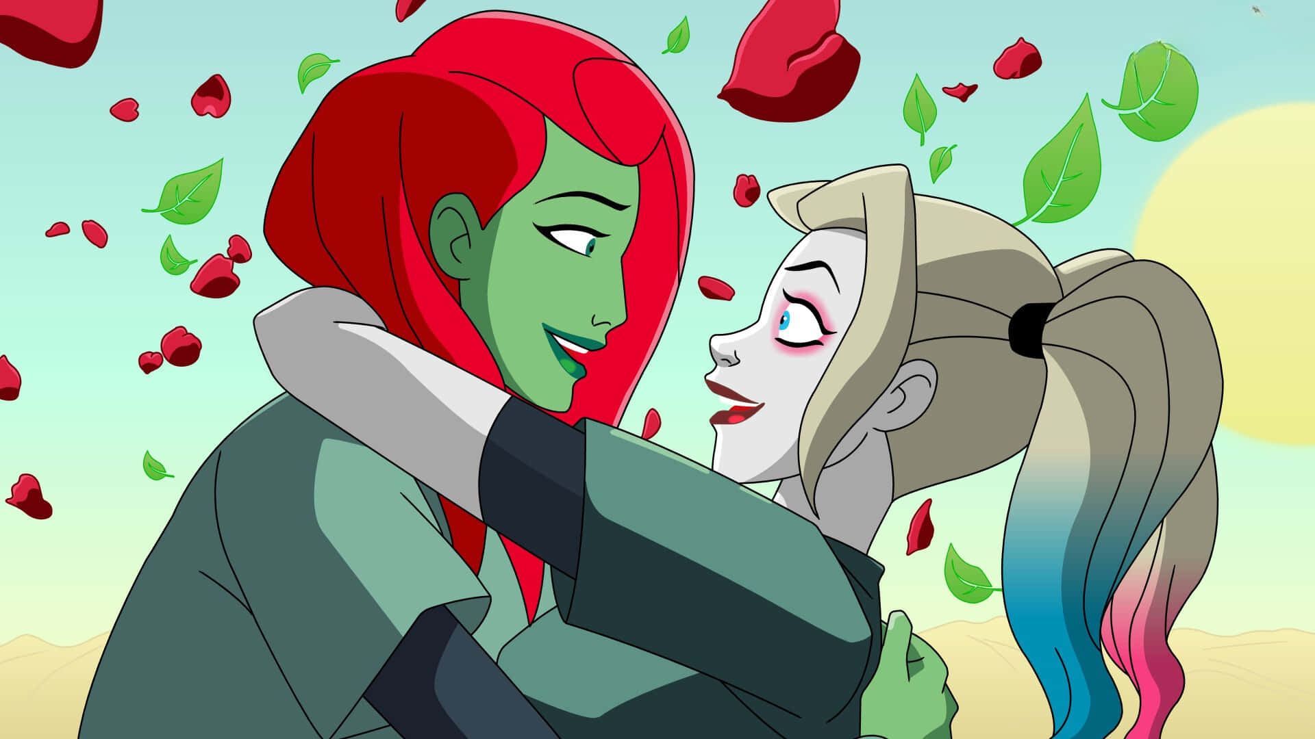 Harley Quinn, Poison Ivy, red petals, Full HD Desktop Wallpaper
