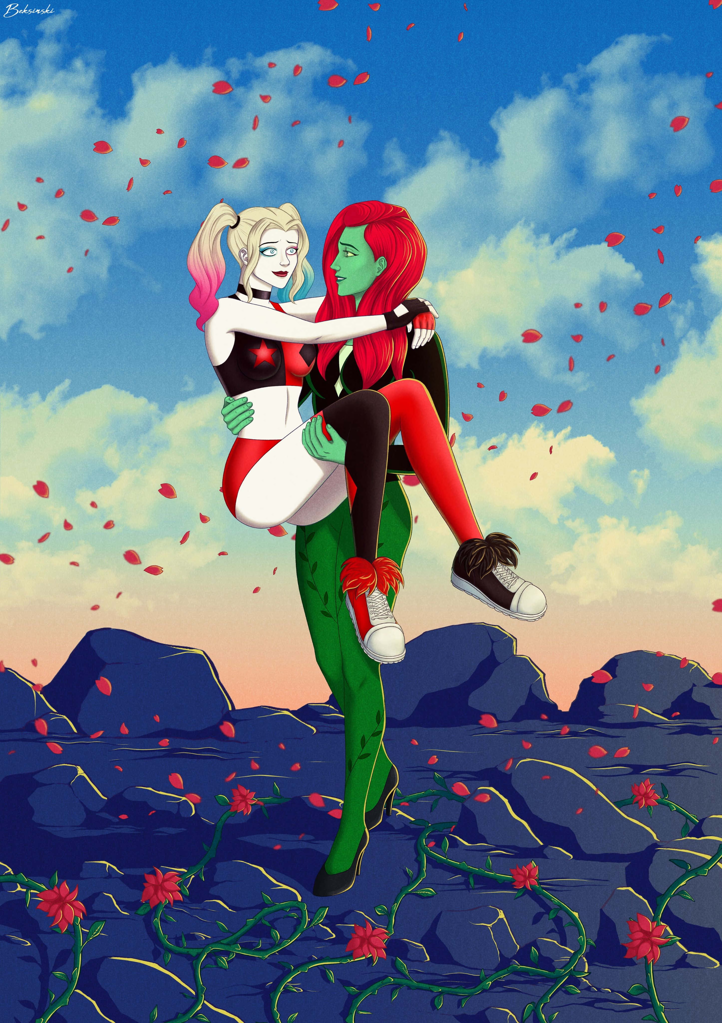 Harley Quinn, Poison Ivy, red petals, 4K Phone Wallpaper