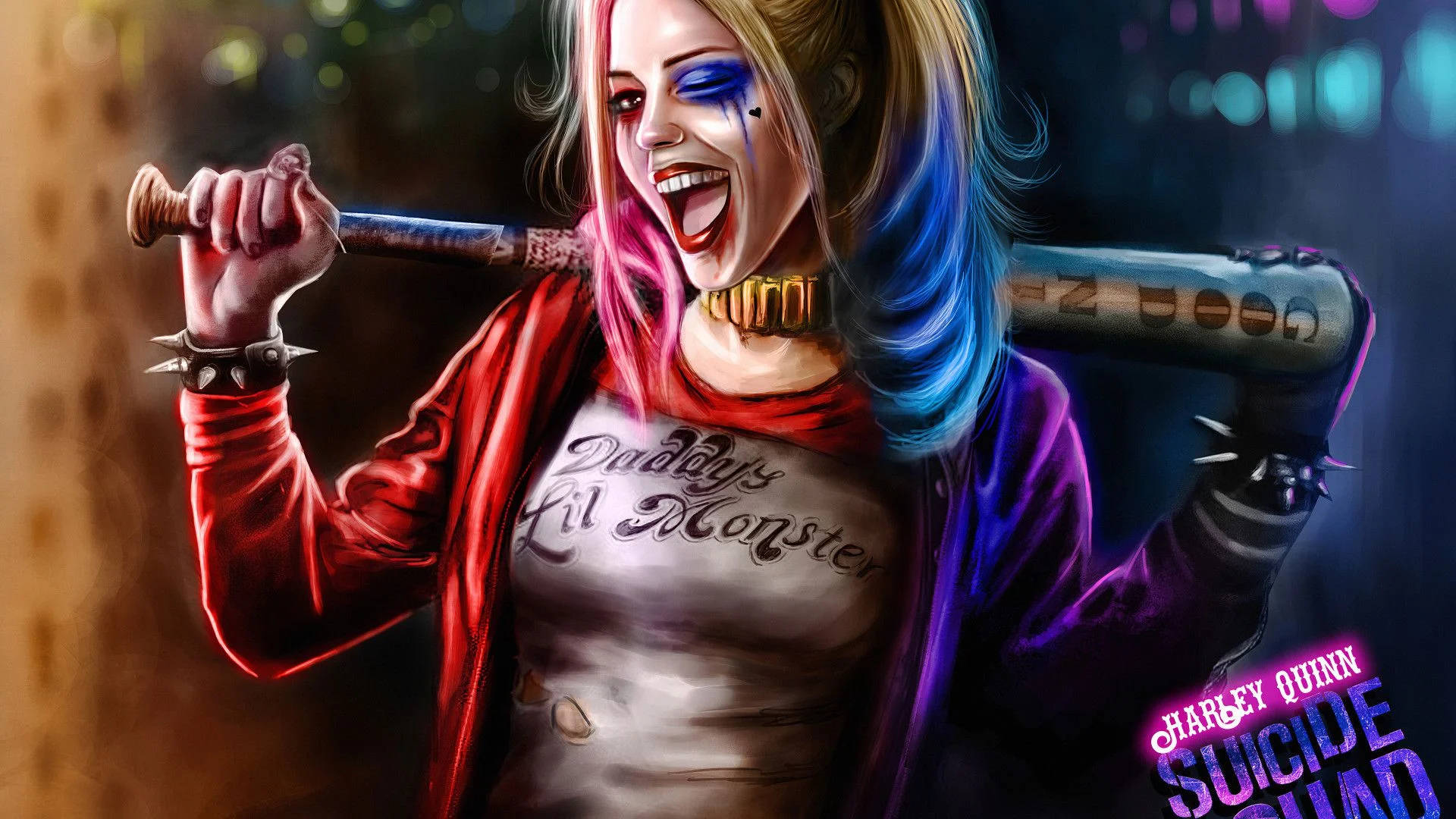 Harley Quinn, baseball bat, neon lights, Full HD Desktop Wallpaper