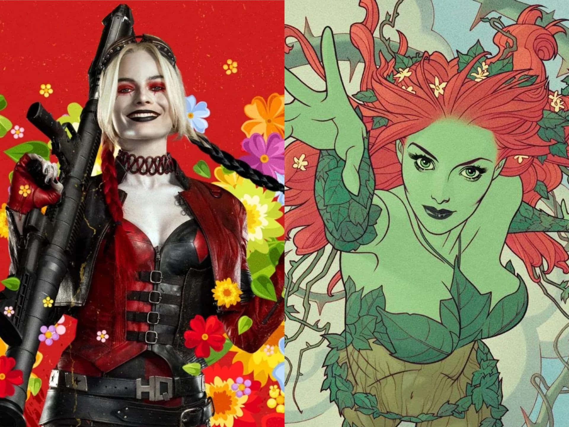Harley Quinn, Poison Ivy, red leather, Full HD Desktop Wallpaper