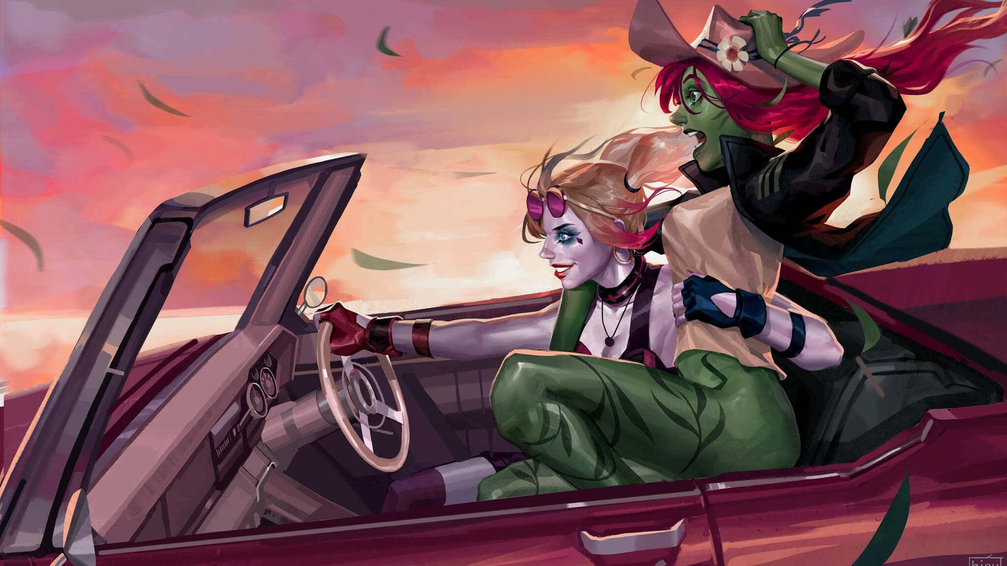 Harley Quinn, Poison Ivy, convertible car, Full HD Desktop Wallpaper