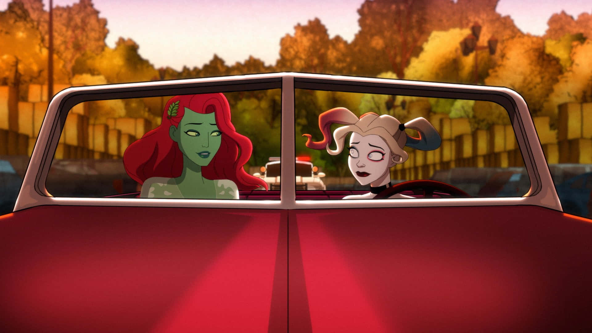Harley Quinn, Poison Ivy, red convertible car, Full HD Desktop Wallpaper