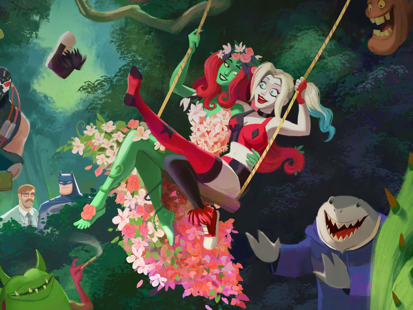 Harley Quinn, Poison Ivy, rope swing, HD Desktop Wallpaper