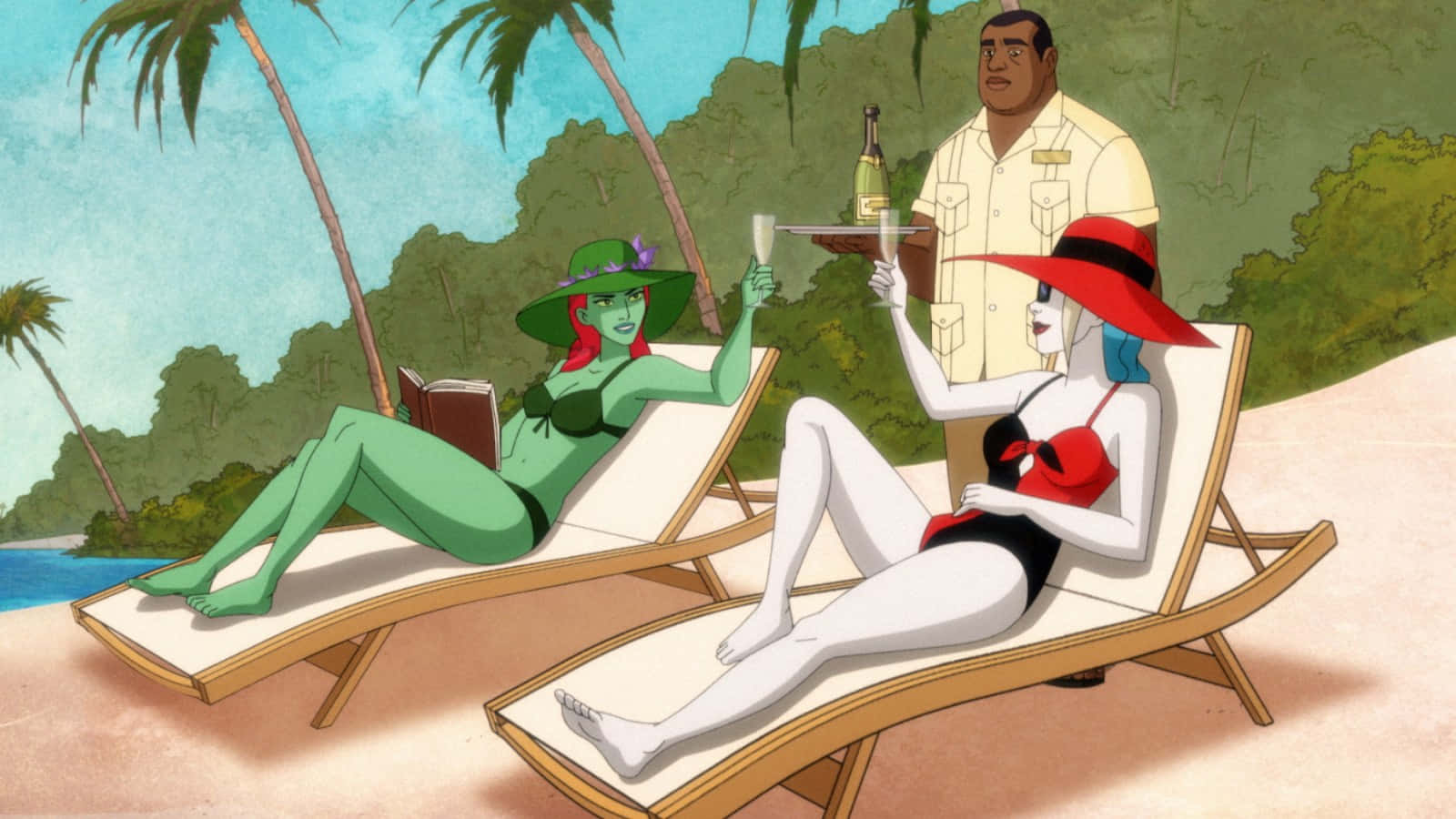 Harley Quinn, Poison Ivy, tropical vacation, HD Desktop Wallpaper