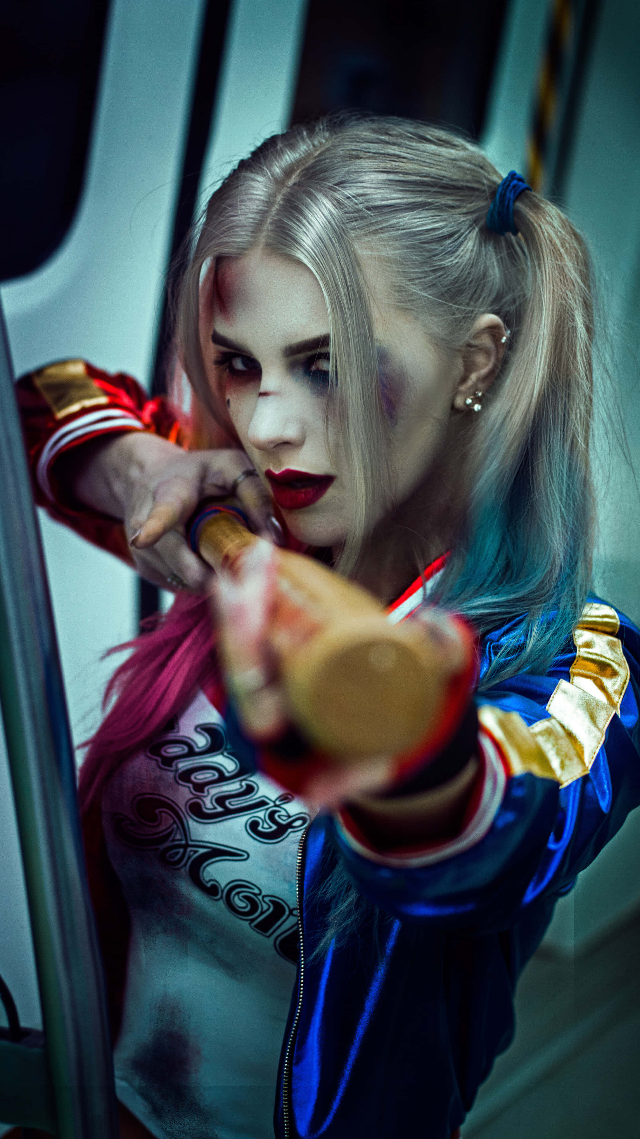 Harley Quinn, blue jacket, red gloves, 4K Phone Wallpaper
