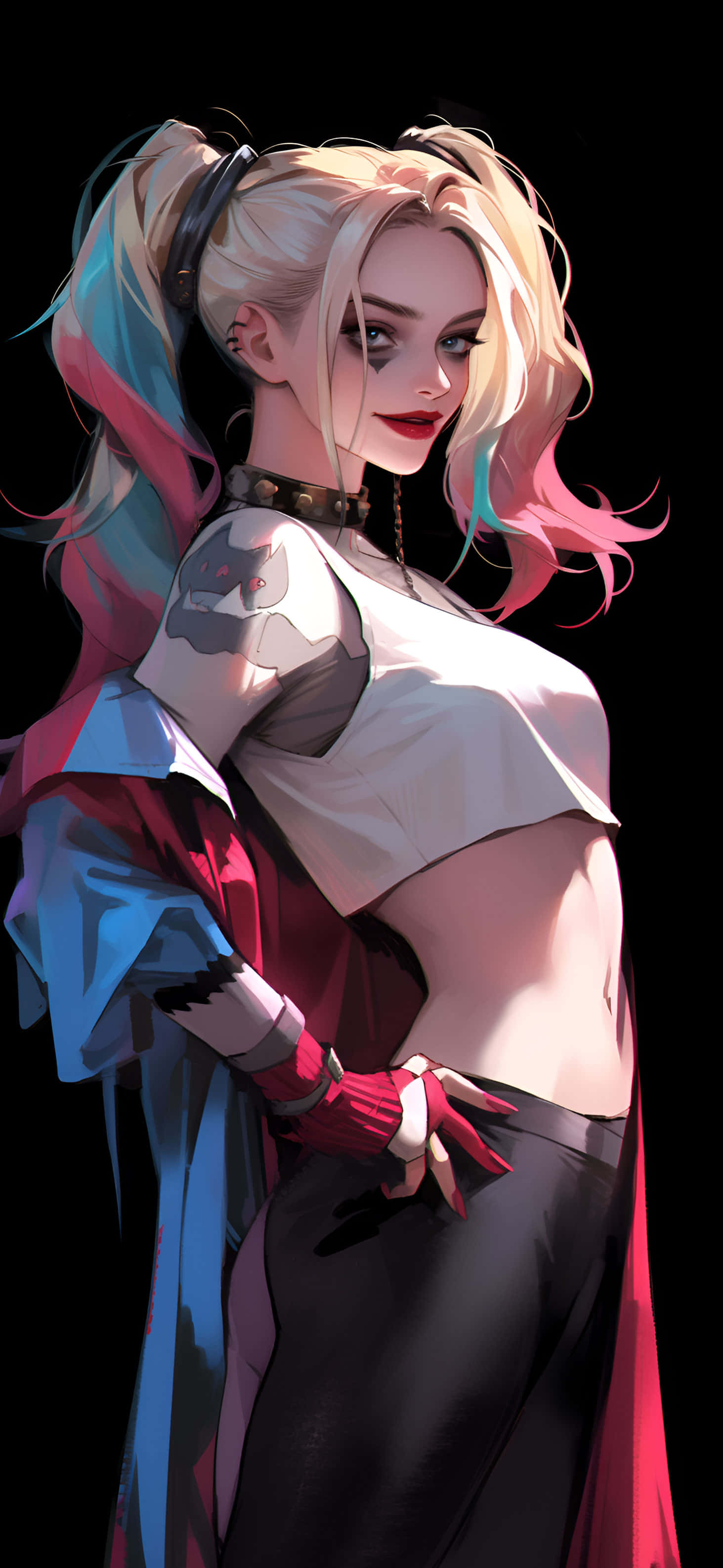 Harley Quinn, blonde hair streaked in pink and blue, white crop top, 2K Phone Wallpaper