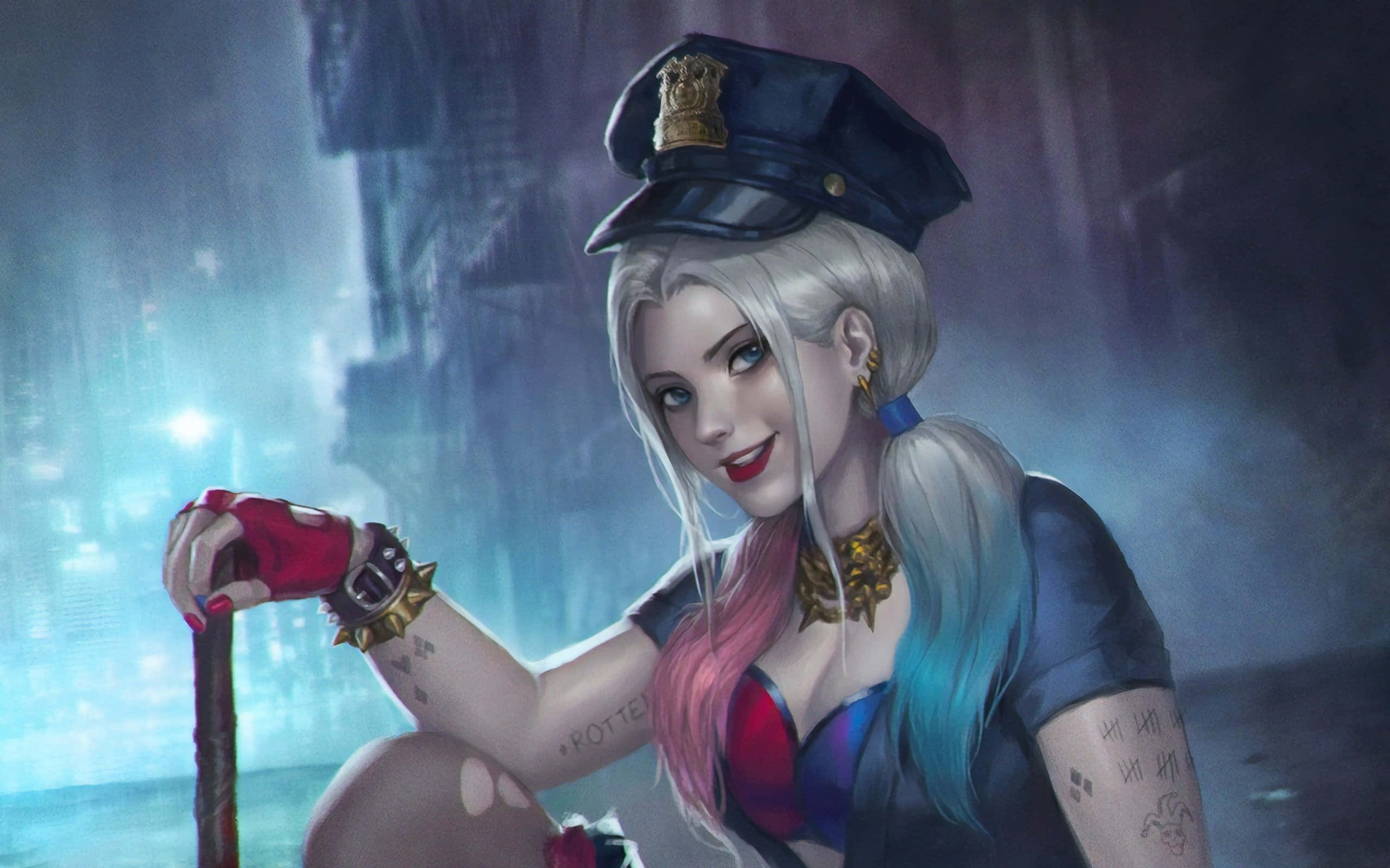 Harley Quinn, police uniform, pink blue hair, 2K Desktop Wallpaper