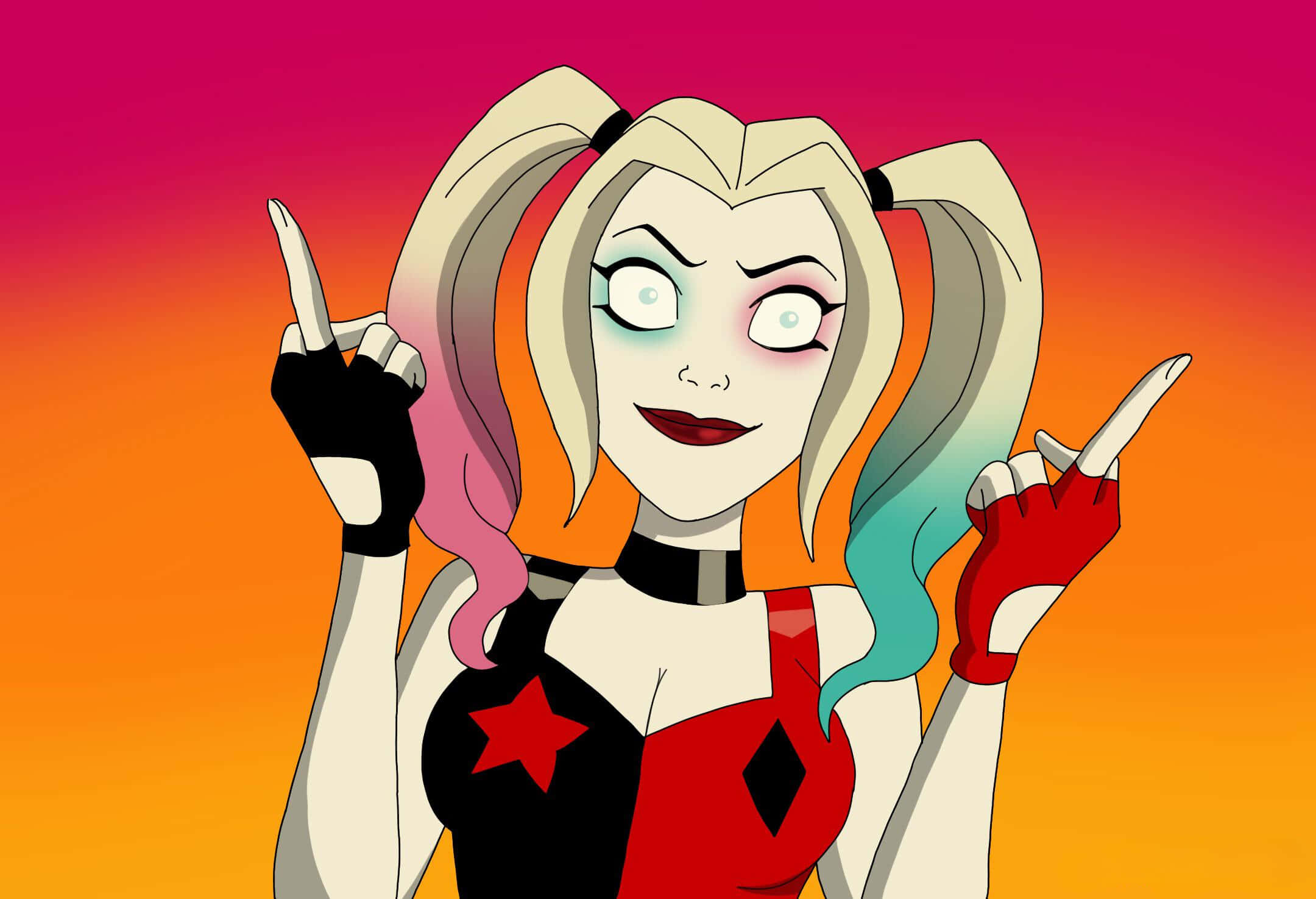 Harley Quinn, jester outfit, vibrant gradient sunset sky, Full HD Desktop Wallpaper