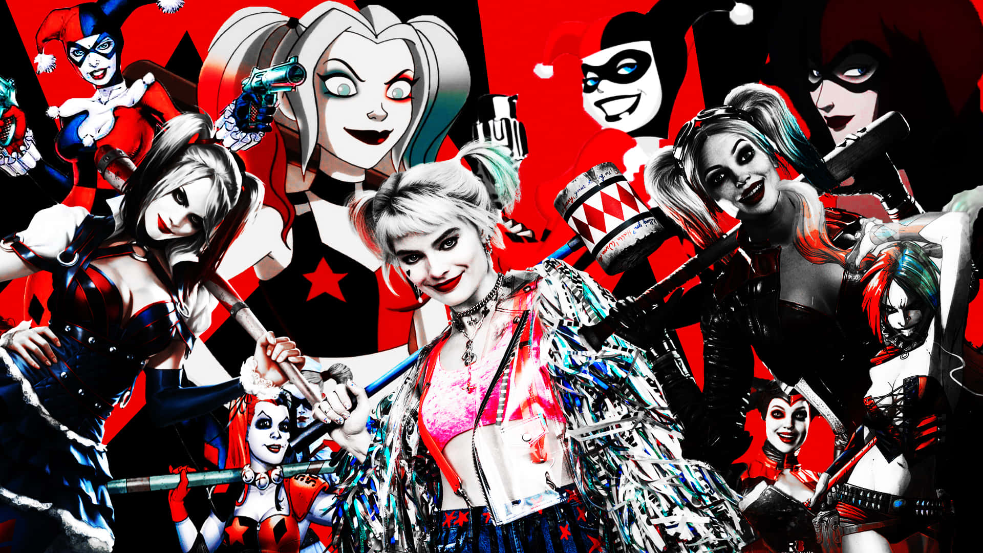 Harley Quinn, collage, red background, Full HD Desktop Wallpaper