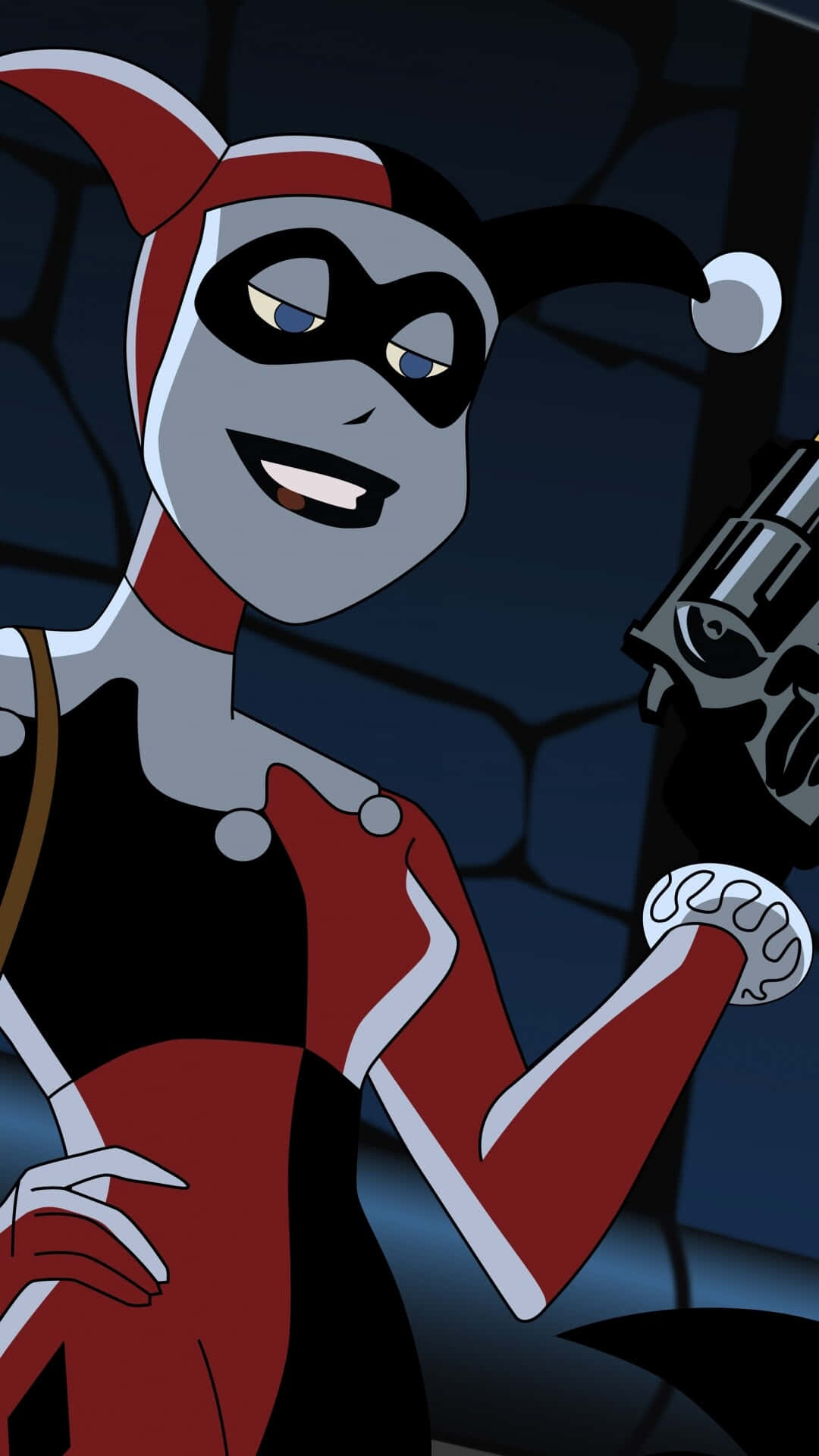 Harley Quinn, red and black jester outfit, revolver, Full HD Phone Wallpaper