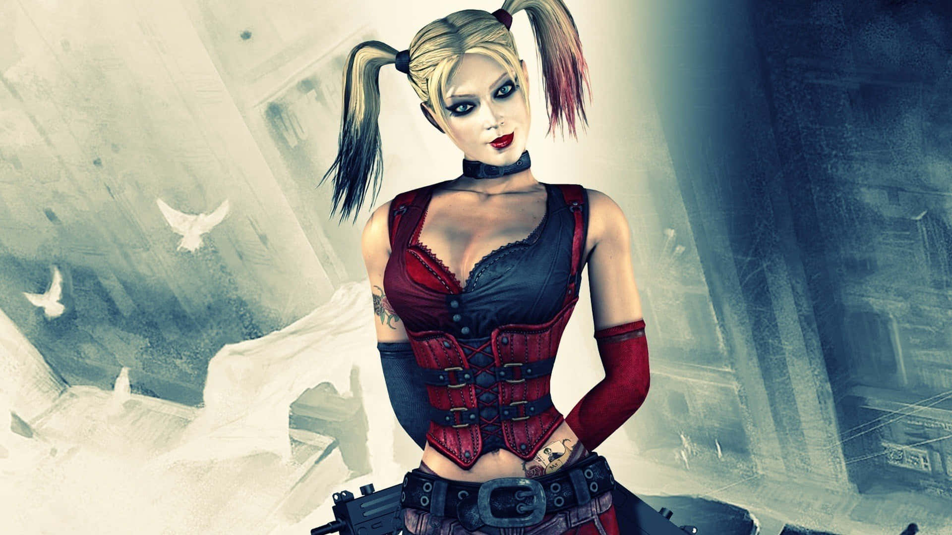 Harley Quinn, animated style, red corset, Full HD Desktop Wallpaper