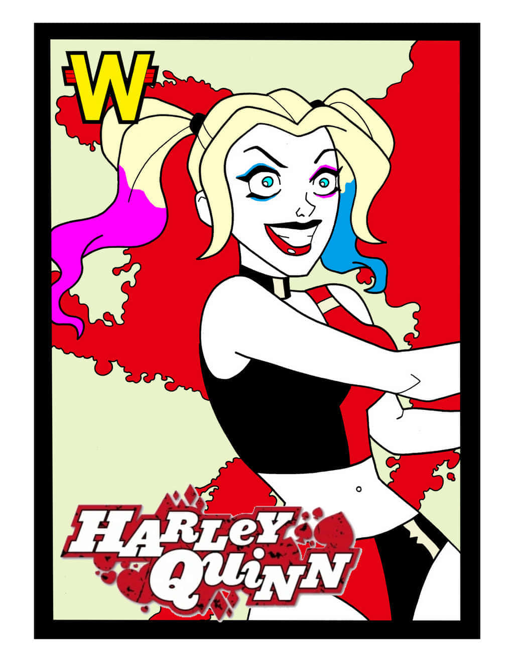 Harley Quinn, red and pink paint splatters, yellow W logo, HD Phone Wallpaper