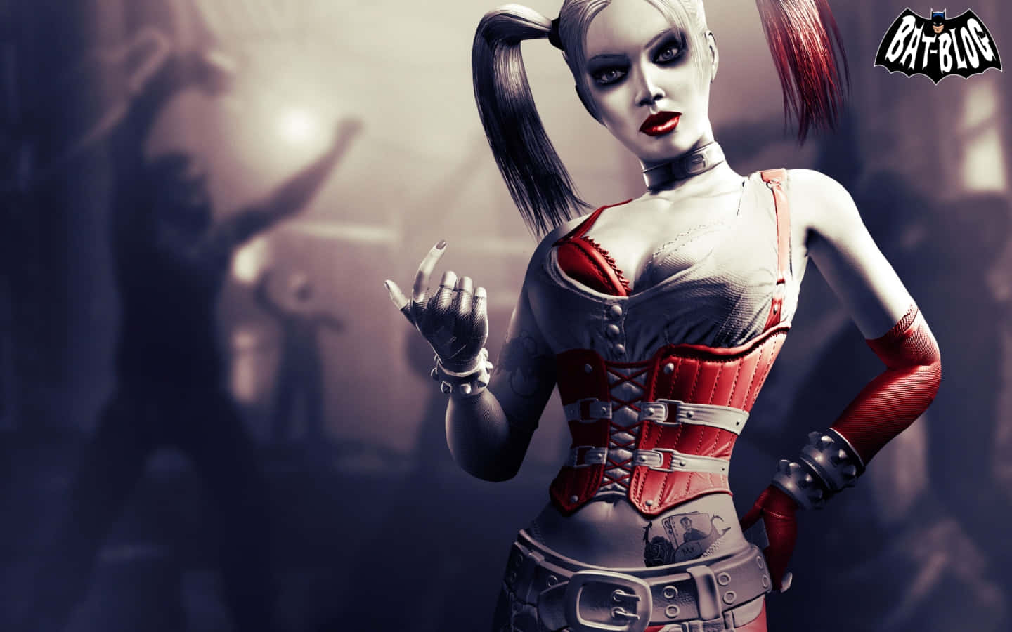 Harley Quinn, red and gray corset outfit, dimly lit urban alleyway, HD Desktop Wallpaper