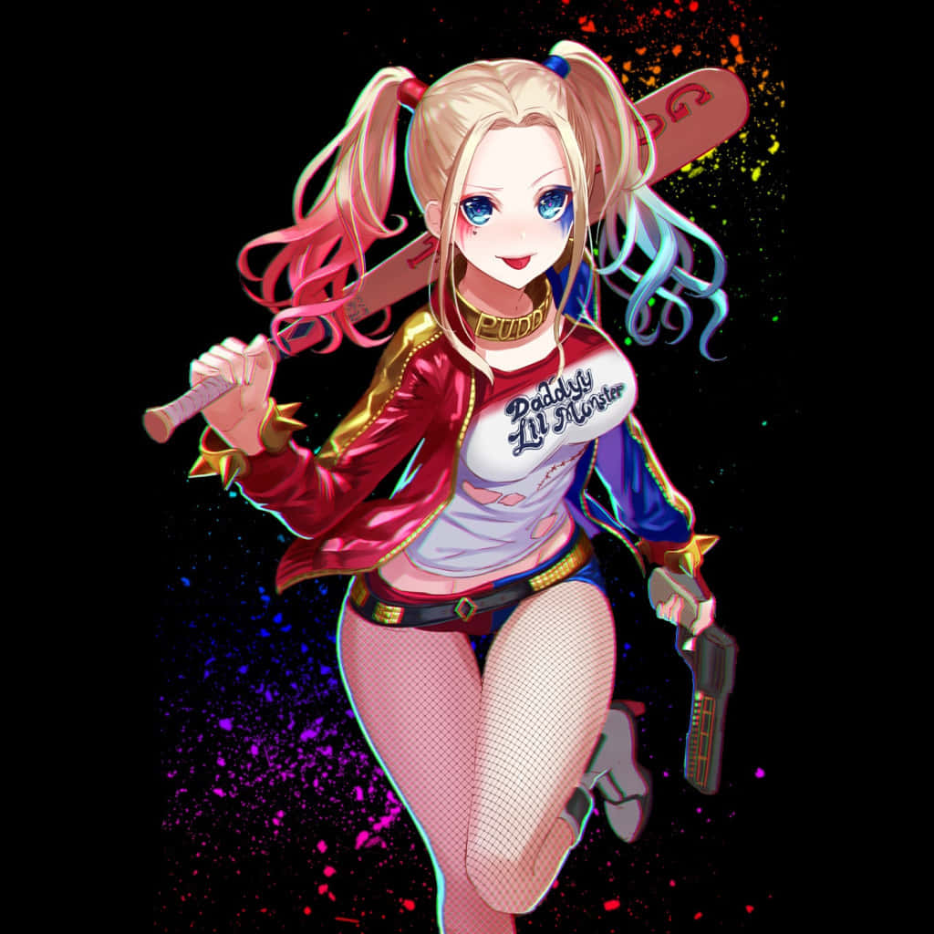 Harley Quinn, anime-style, pink and blue hair, SD Desktop Wallpaper