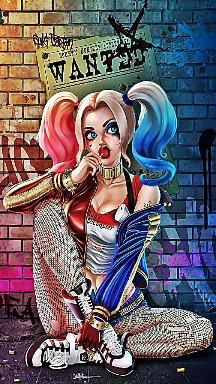 Harley Quinn, graffiti covered brick wall, lollipop, HD Phone Wallpaper