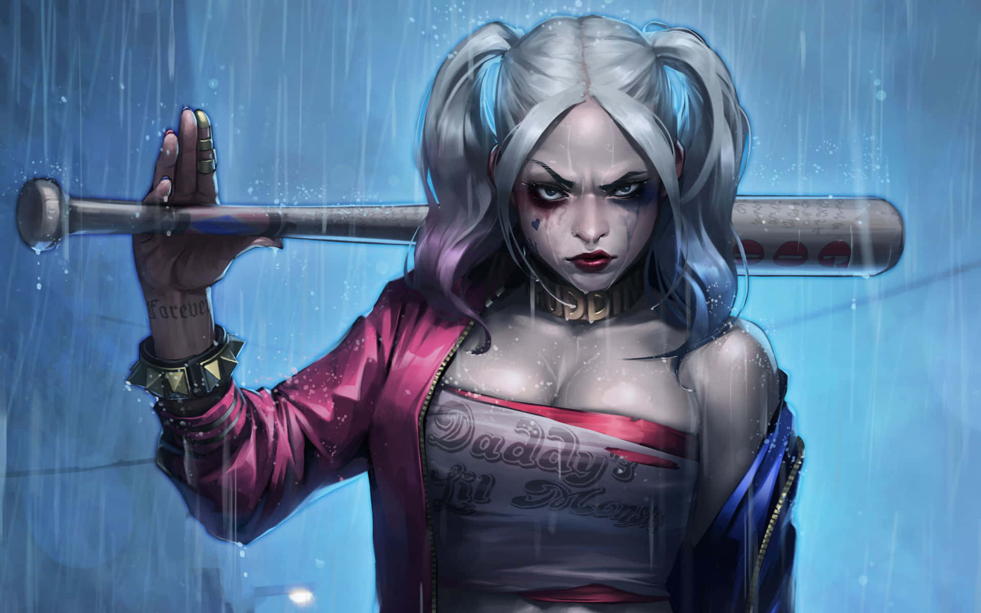 Harley Quinn, Arkham City, rainstorm, Full HD Desktop Wallpaper