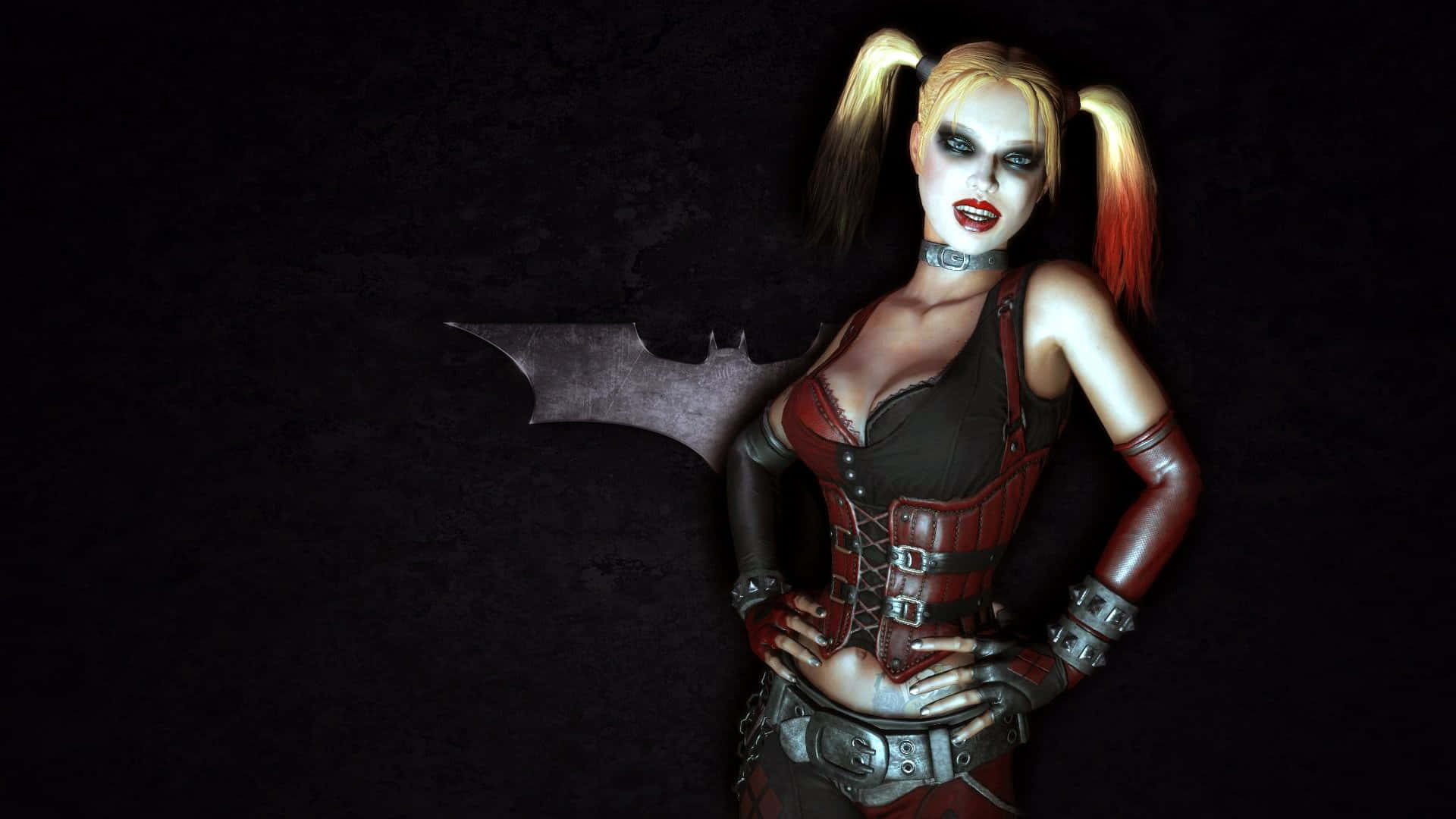 Harley Quinn, Arkham City, red and black corseted outfit, Full HD Desktop Wallpaper