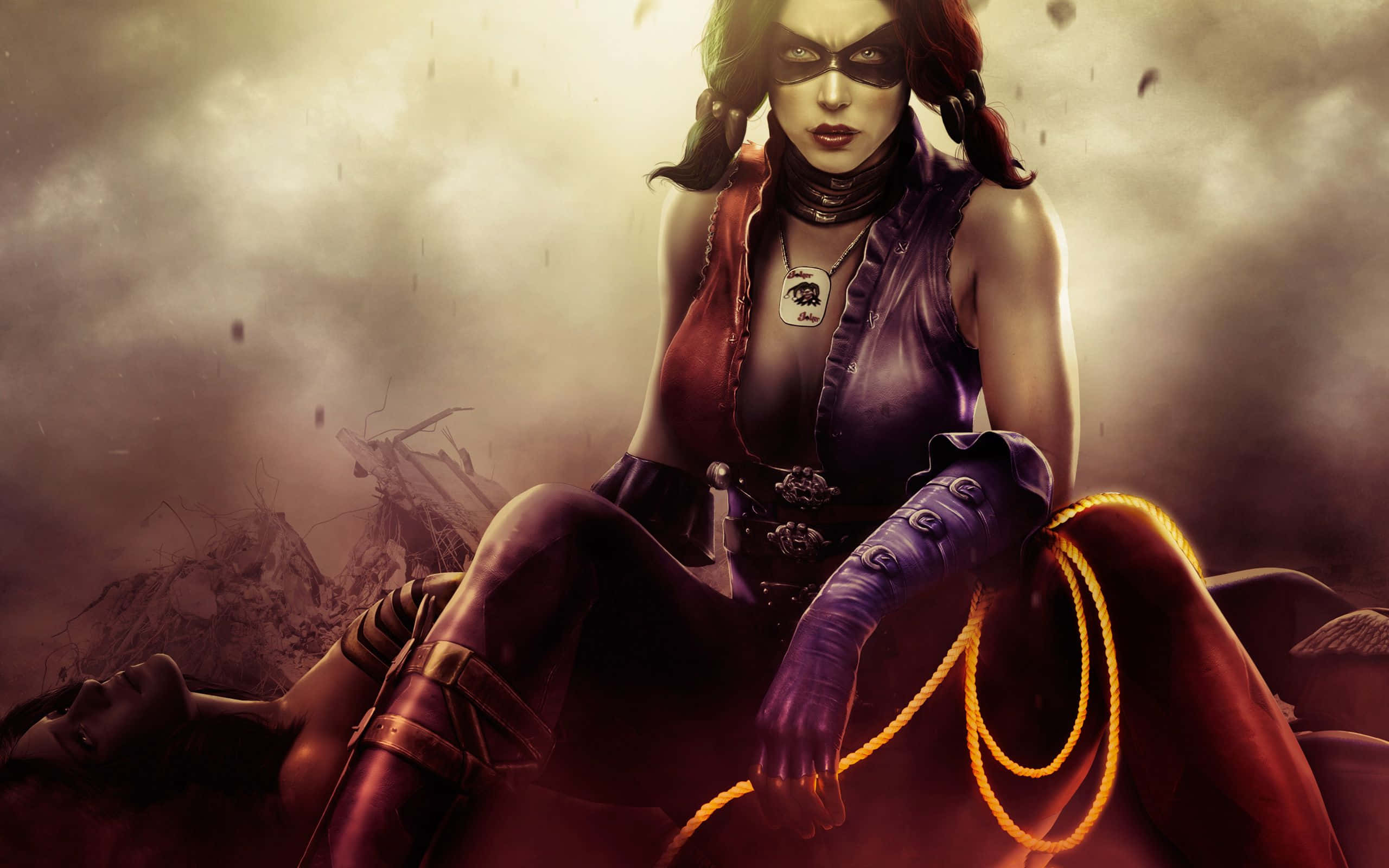 Harley Quinn, Arkham City, purple leather, 2K Desktop Wallpaper
