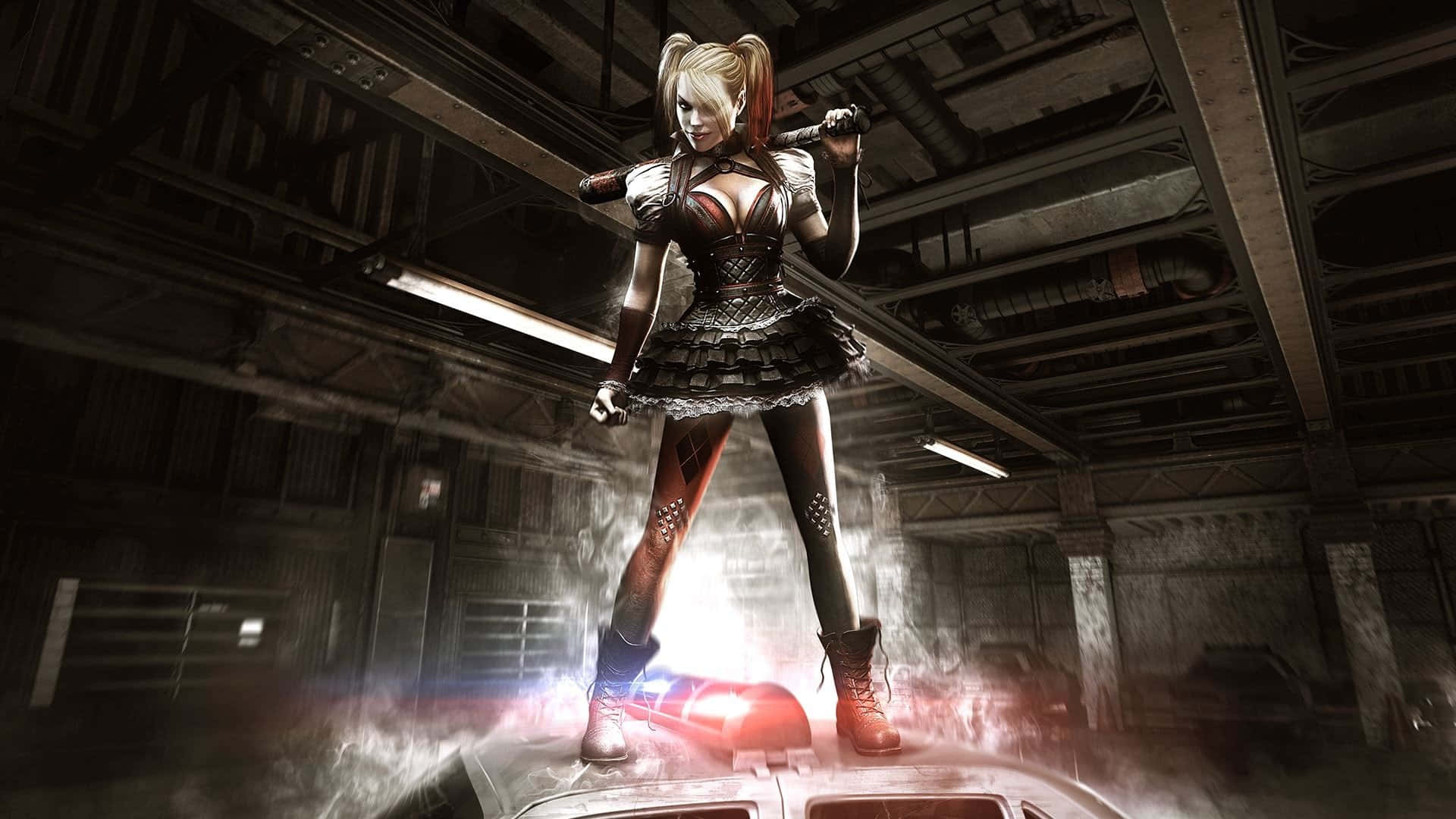 Harley Quinn, Arkham City, police car, Full HD Desktop Wallpaper