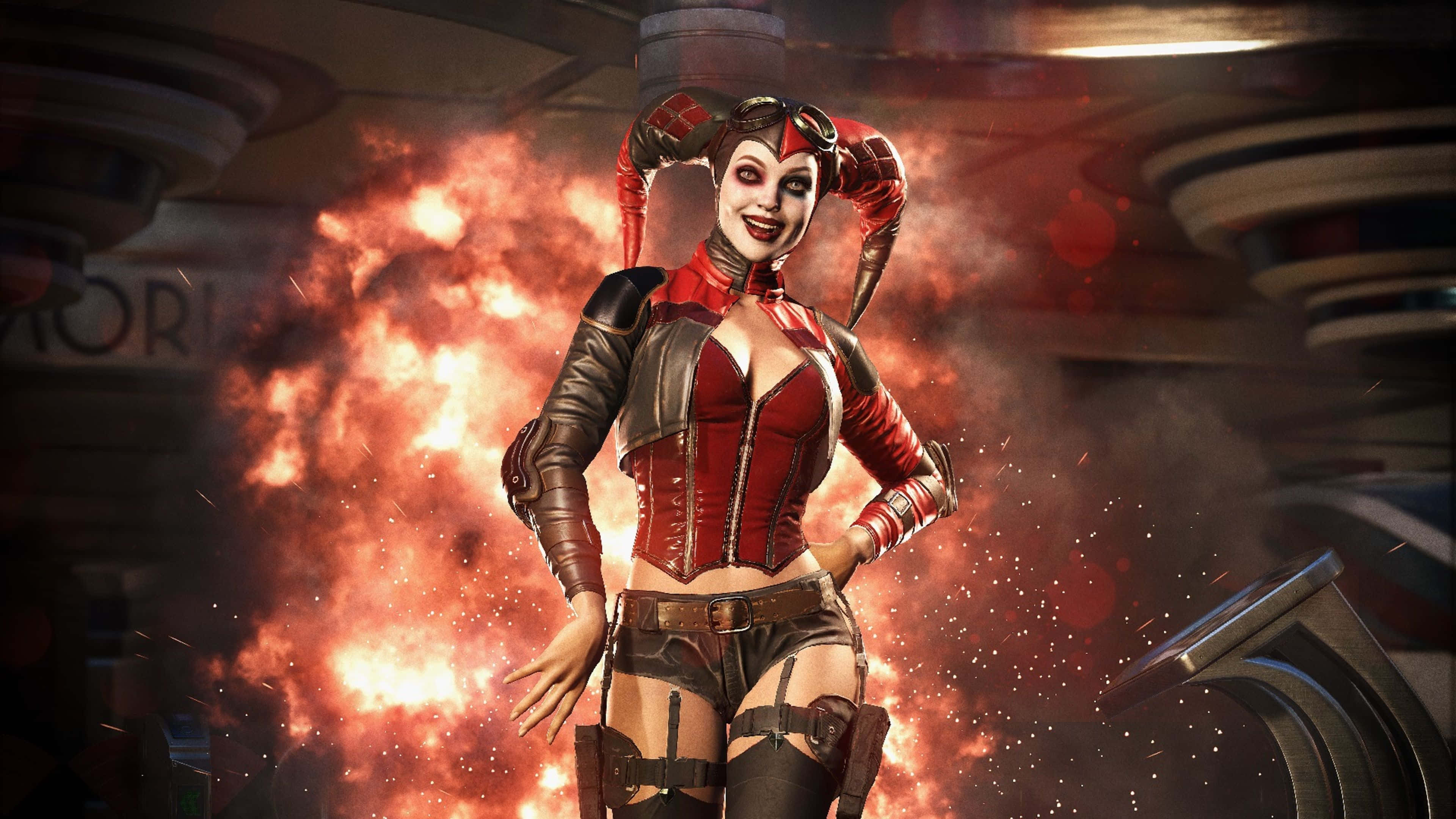 Harley Quinn, Arkham City, fiery explosions, 4K Desktop Wallpaper