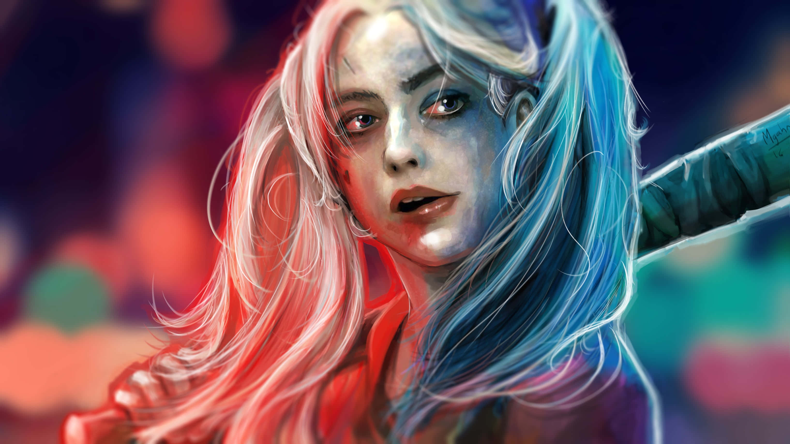 Harley Quinn, Arkham City, red half blue hair, 2K Desktop Wallpaper