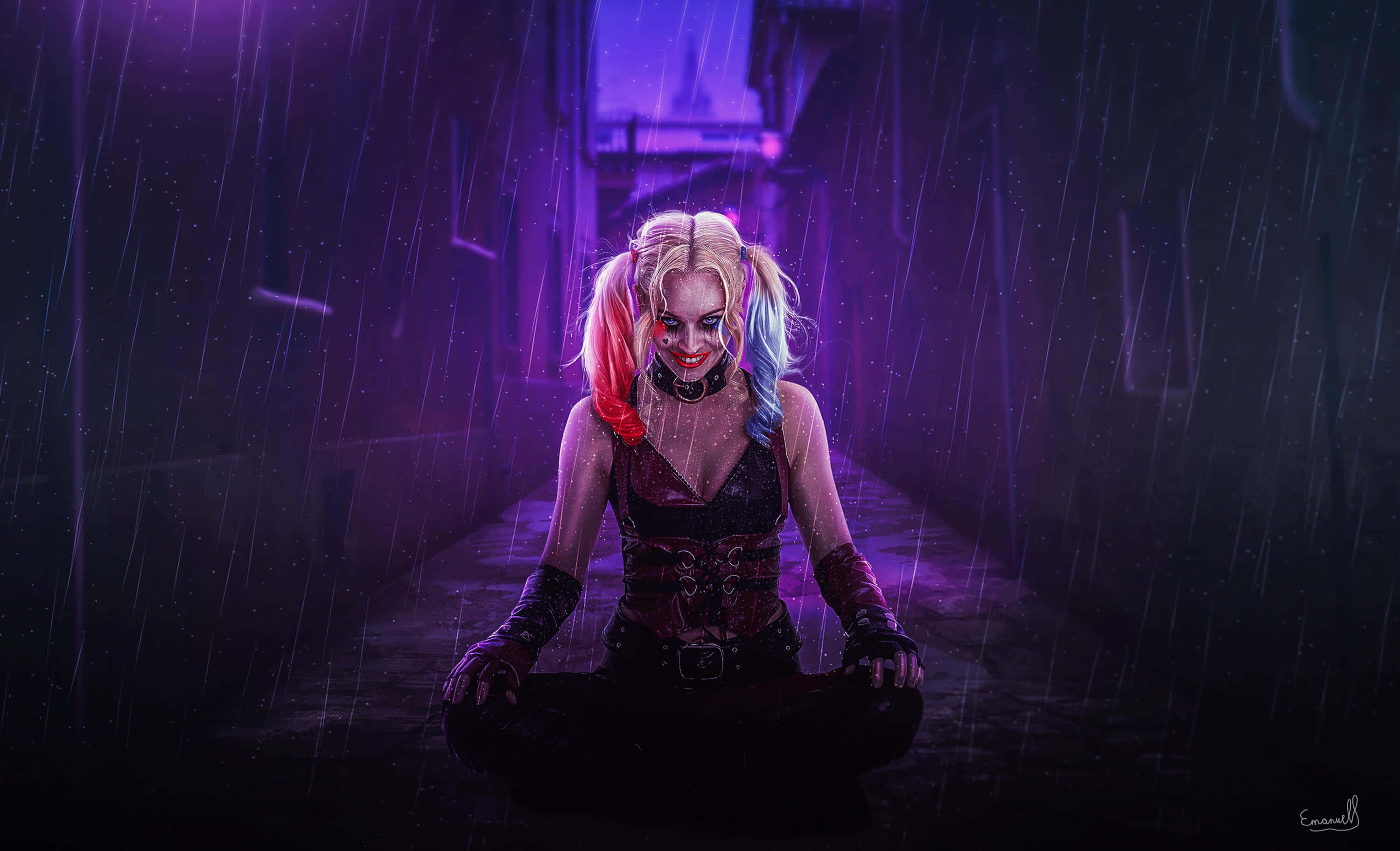 Harley Quinn, neon purple light, rain-soaked alley, 2K Desktop Wallpaper