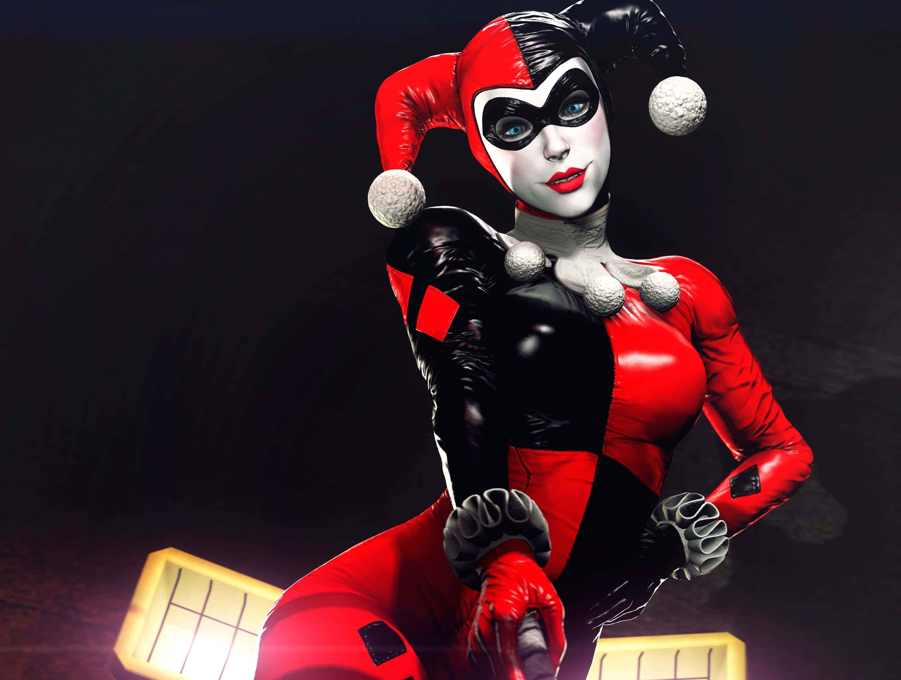 Harley Quinn, Arkham City, red and black jester outfit, 2K Desktop Wallpaper