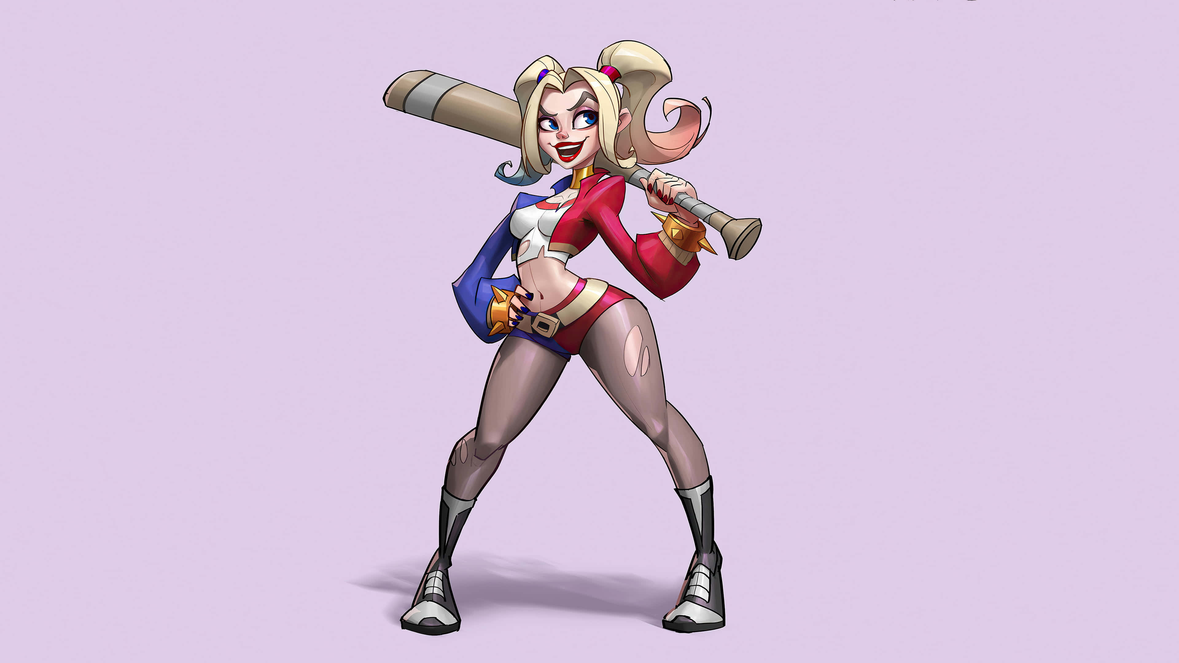 Harley Quinn, baseball bat, lavender background, 4K Desktop Wallpaper